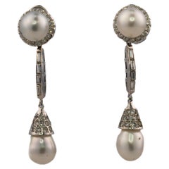 Art Deco Diamond and Pearl Drop Earrings in Platinum