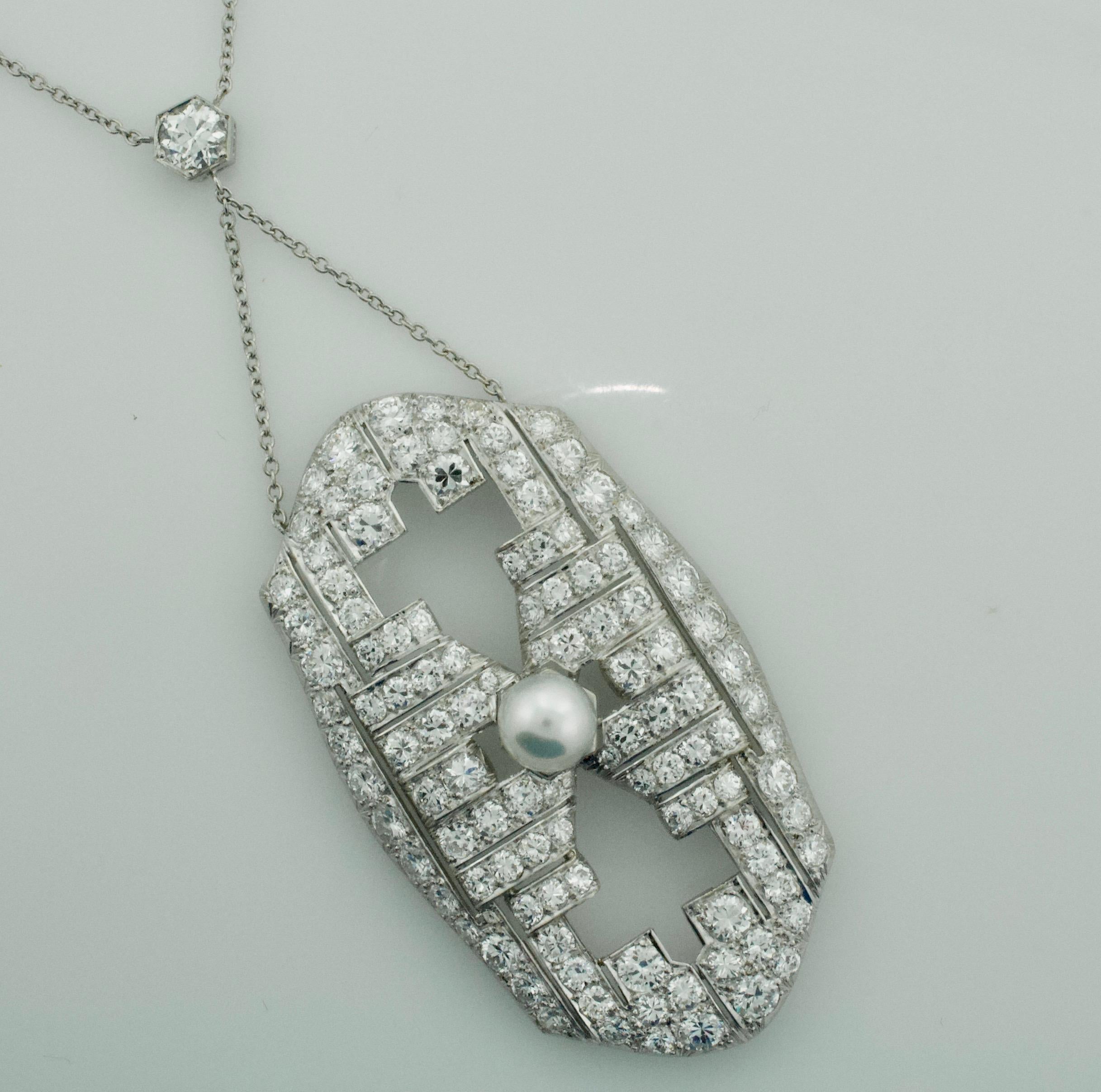Round Cut Art Deco Diamond and Pearl Platinum Necklace, circa 1920s For Sale