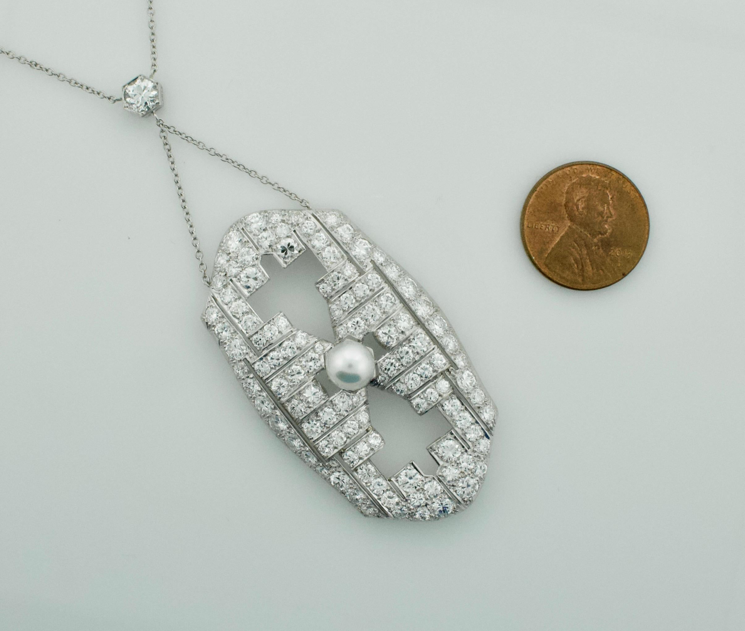 Art Deco Diamant- und Perlenkette aus Platin, um 1920 (Rundschliff) im Angebot