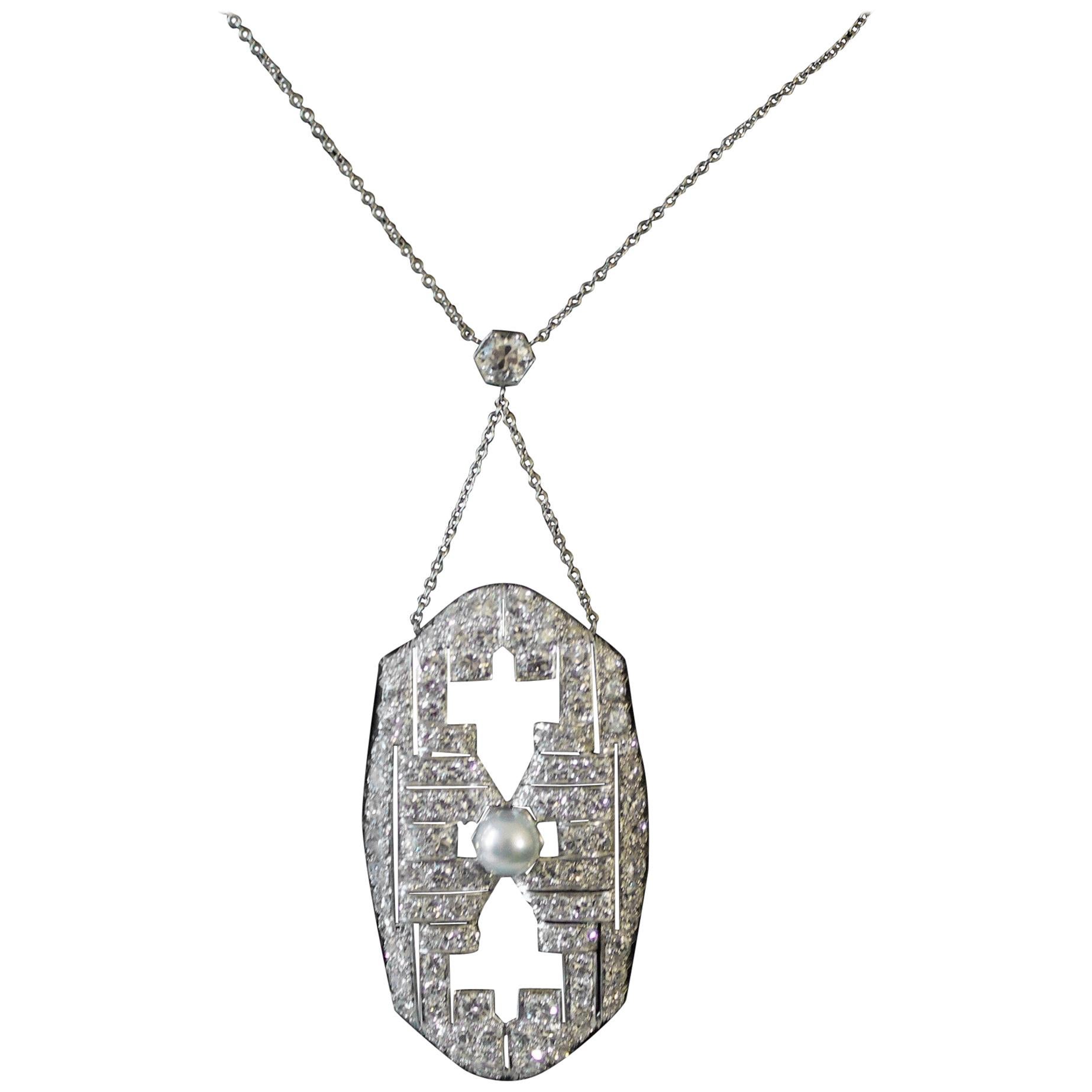 Art Deco Diamond and Pearl Platinum Necklace, circa 1920s For Sale