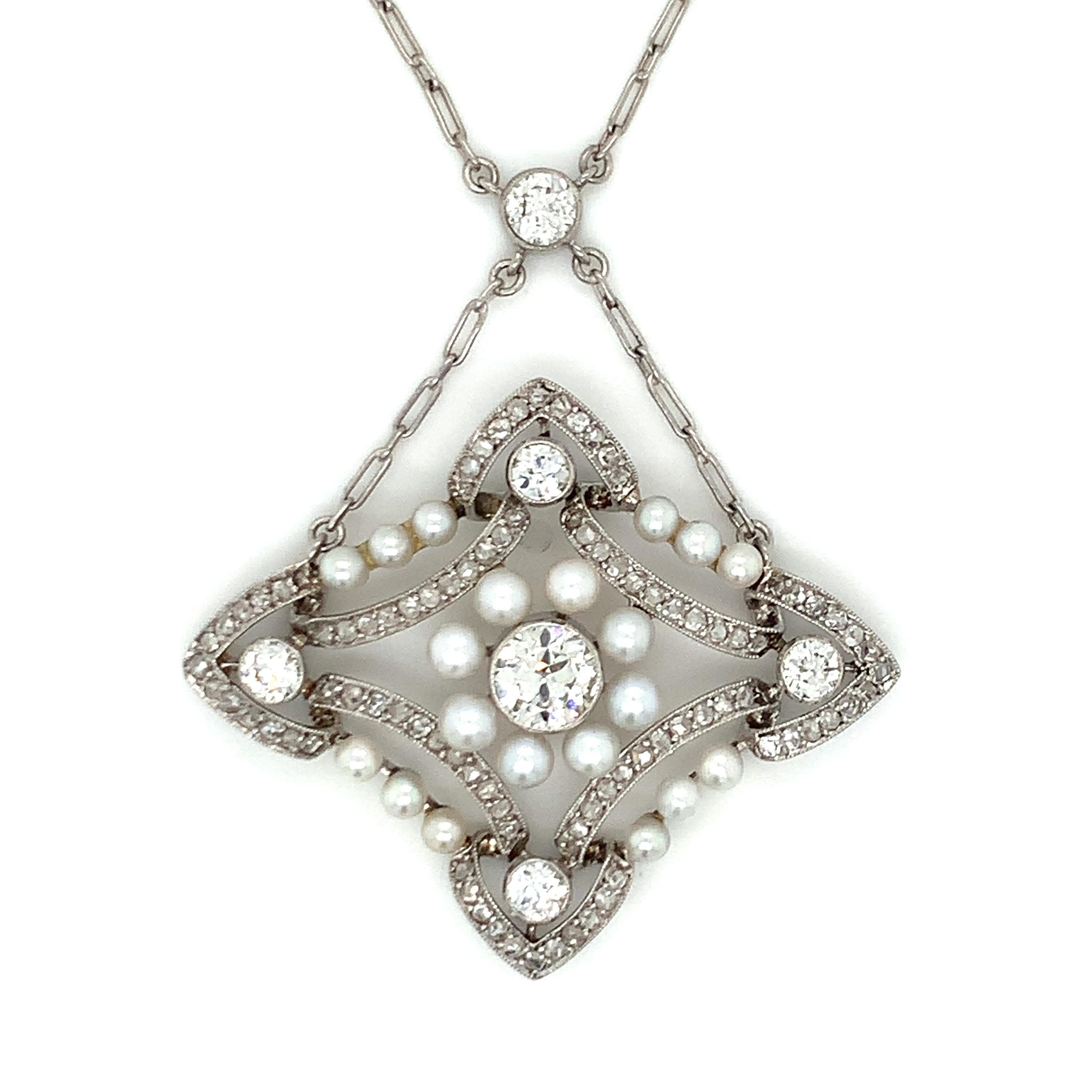 Art Deco Diamond and Pearl Platinum Pendant In Good Condition For Sale In Beverly Hills, CA