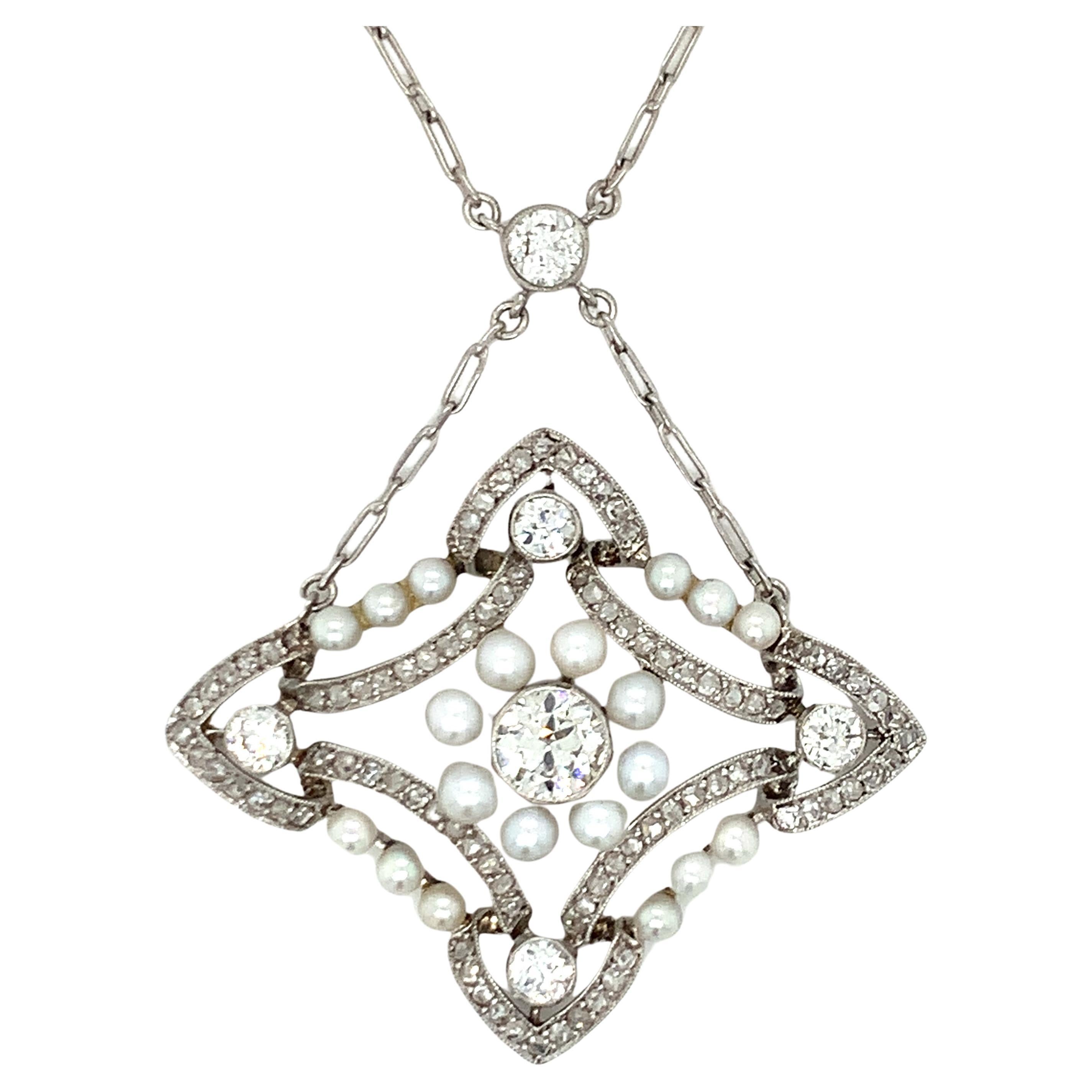 Art Deco Diamond and Pearl Platinum Pendant For Sale