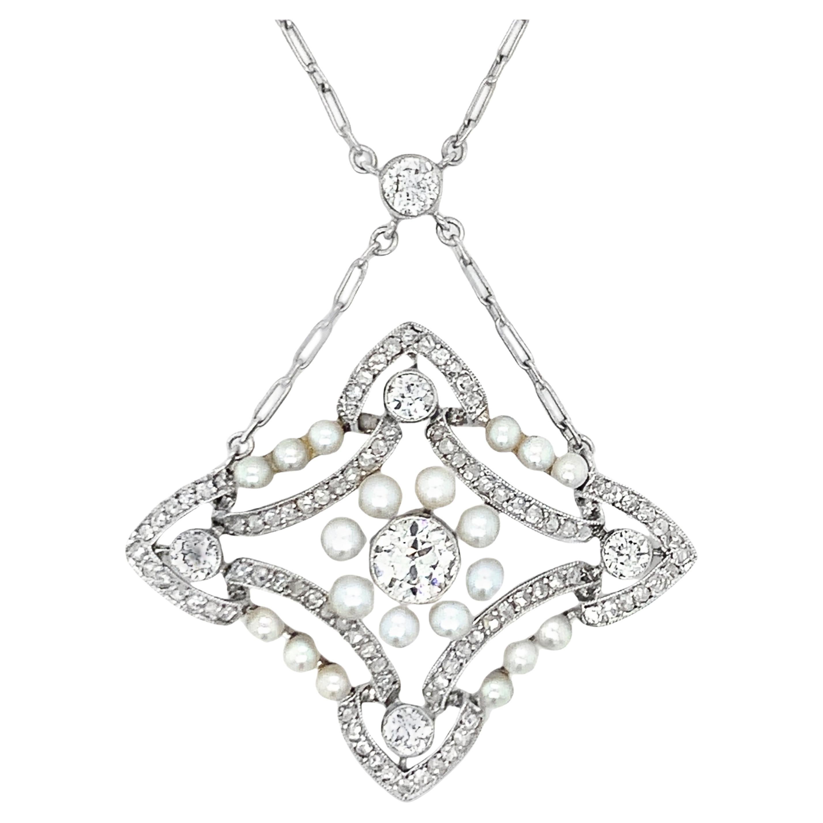 Art Deco Diamond and Pearl Platinum Pendant