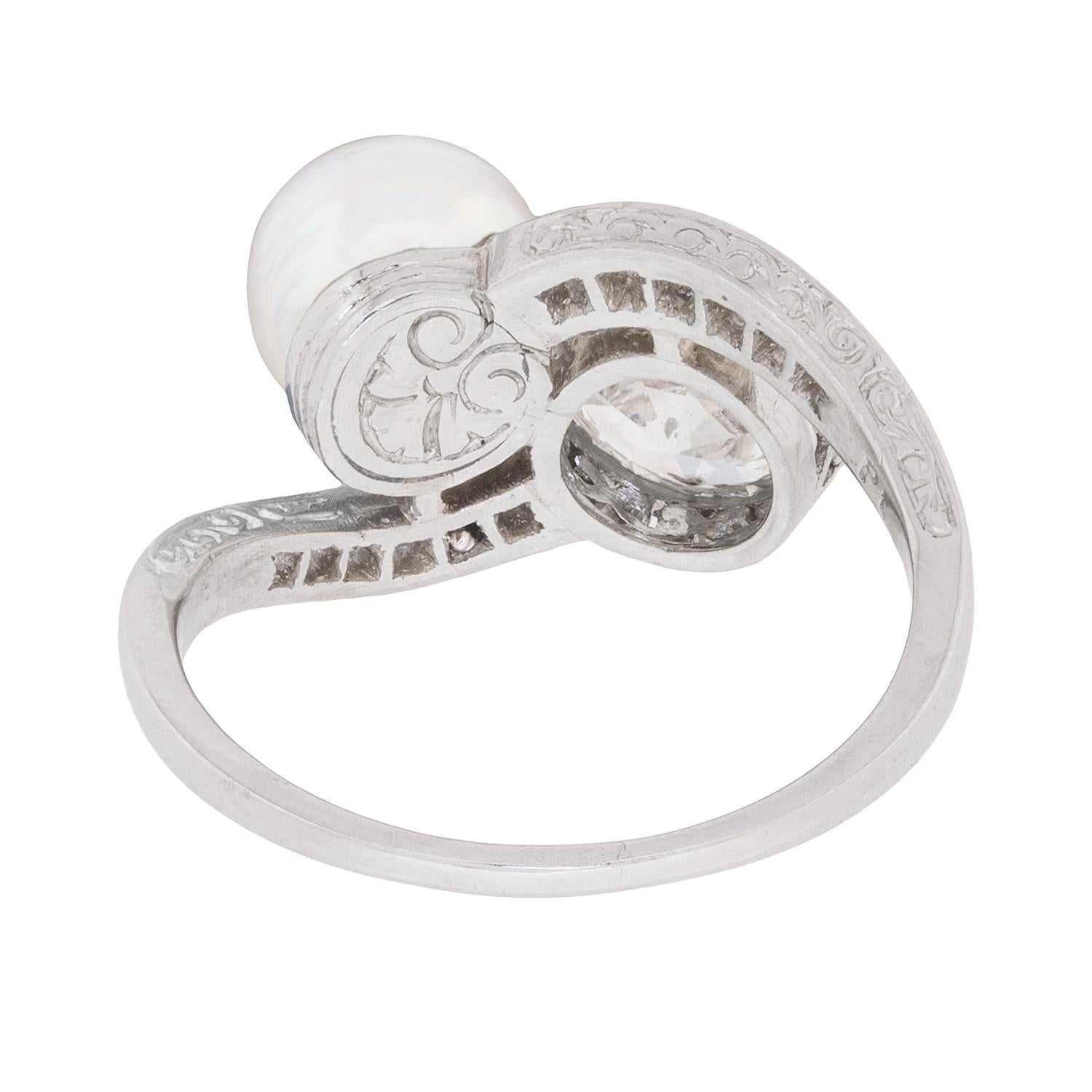 Women's or Men's Art Deco Diamond and Pearl Two-Stone Twist Ring, circa 1920s