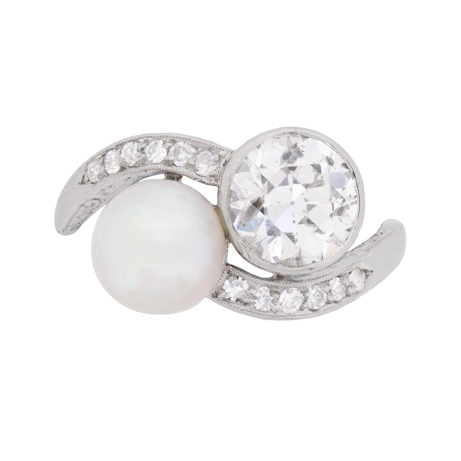 Art Deco Diamond and Pearl Two-Stone Twist Ring, circa 1920s