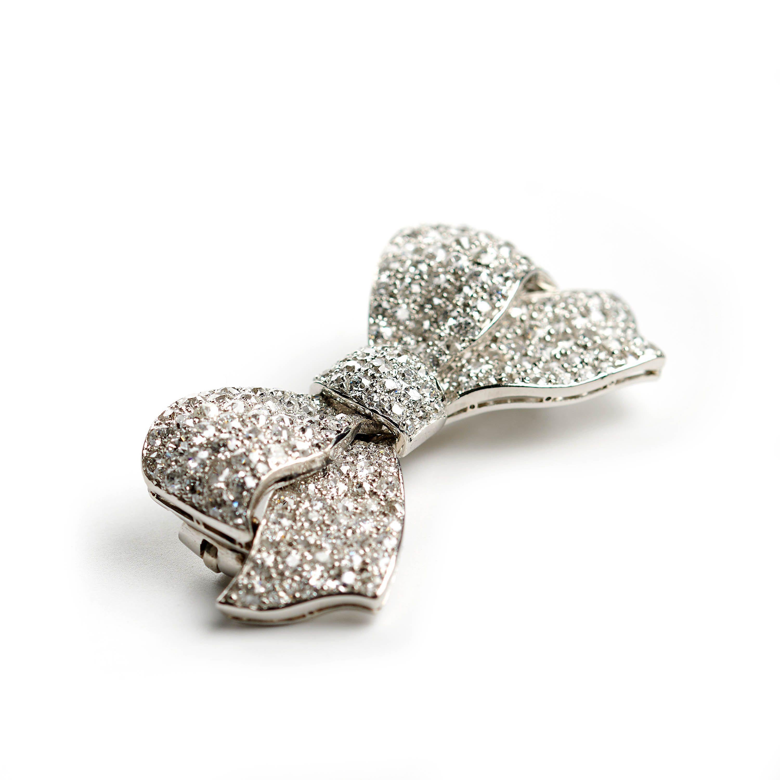 Single Cut Art Deco Diamond And Platinum Bow Brooch, Circa 1925 For Sale