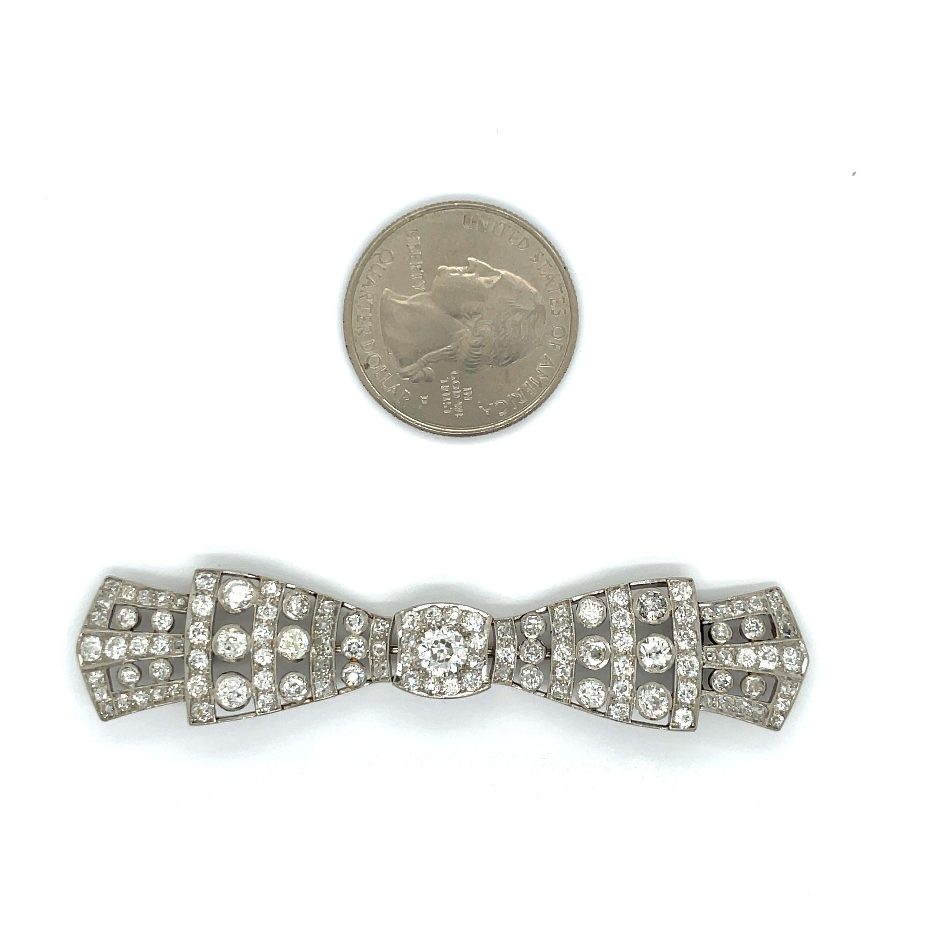 Old European Cut 4.24 Ct. Art Deco Diamond and Platinum Bow Brooch For Sale