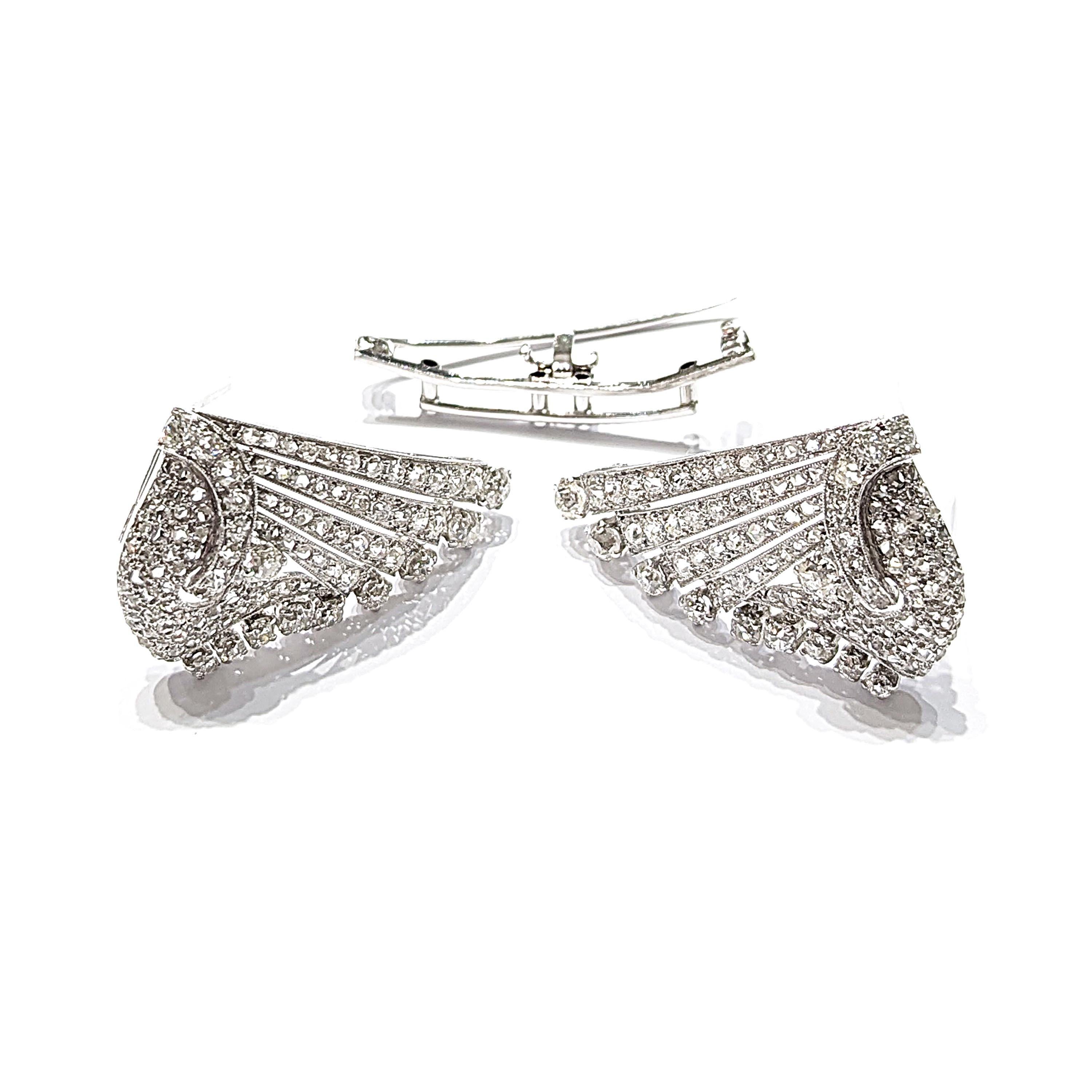Rose Cut Art Deco Style Diamond and Platinum Double Clip Brooch, 8.00 Carats, Circa 1945 For Sale