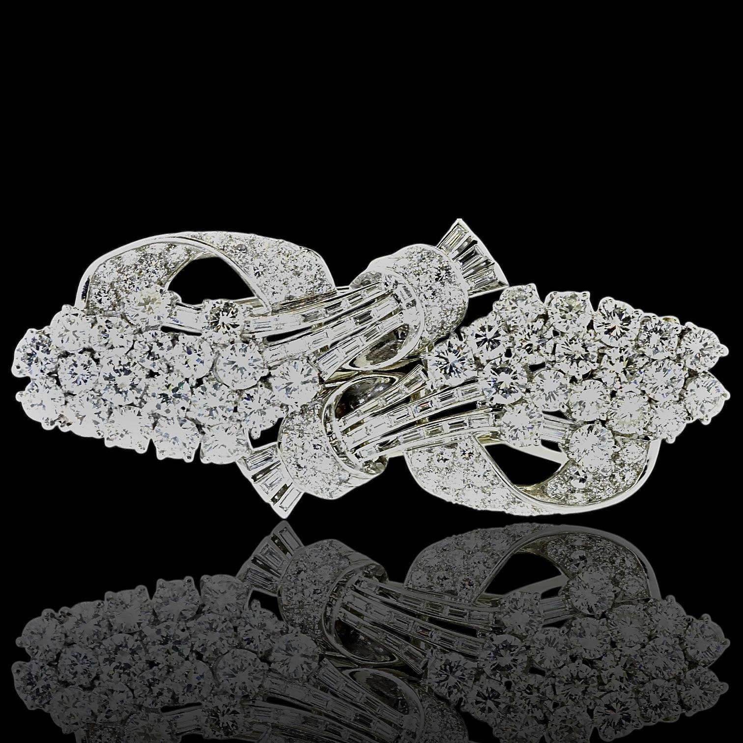 Old European Cut Art Deco Diamond and Platinum Double Clip Brooch, c. 1930