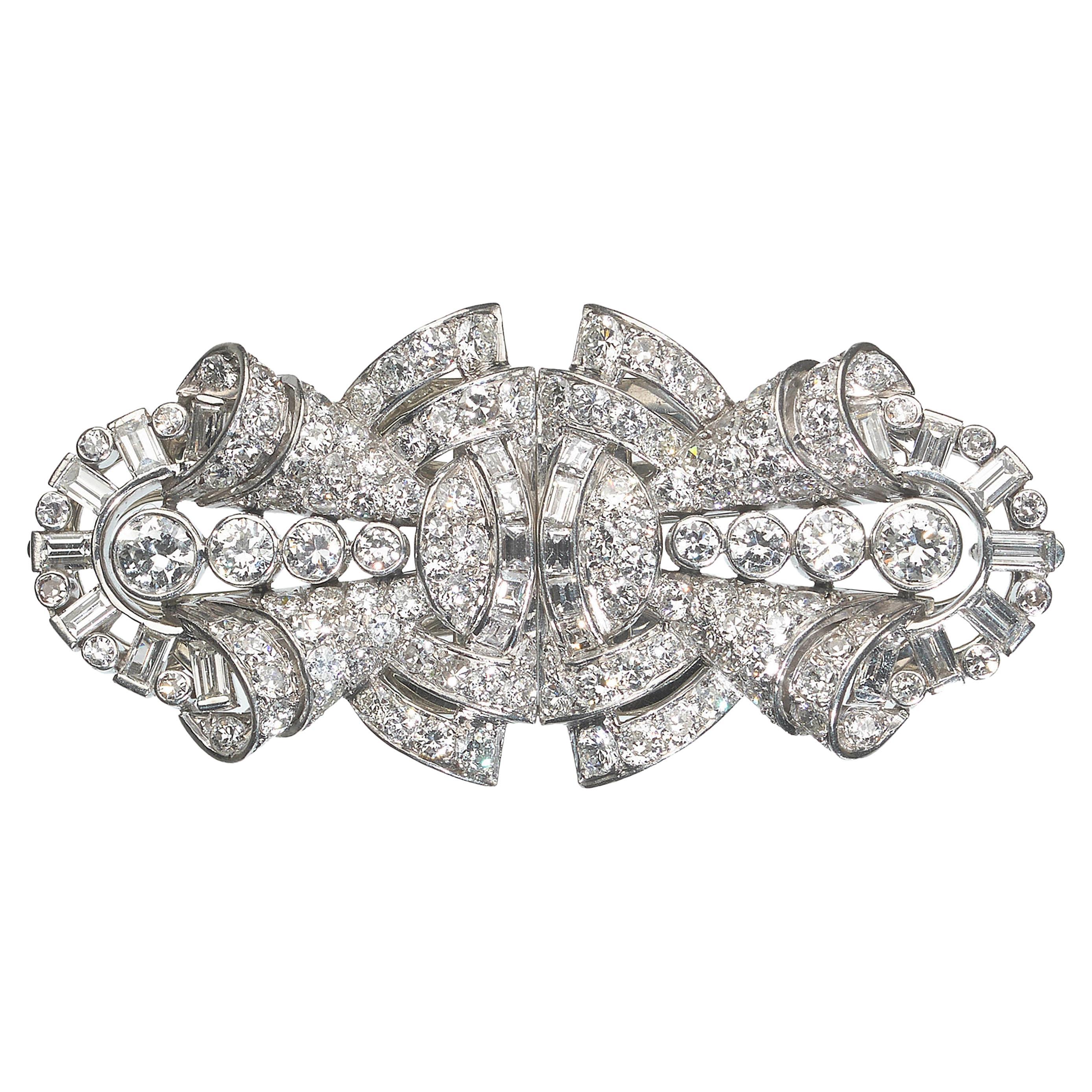 Art Deco Diamond and Platinum Double Clip Brooch, Circa 1930