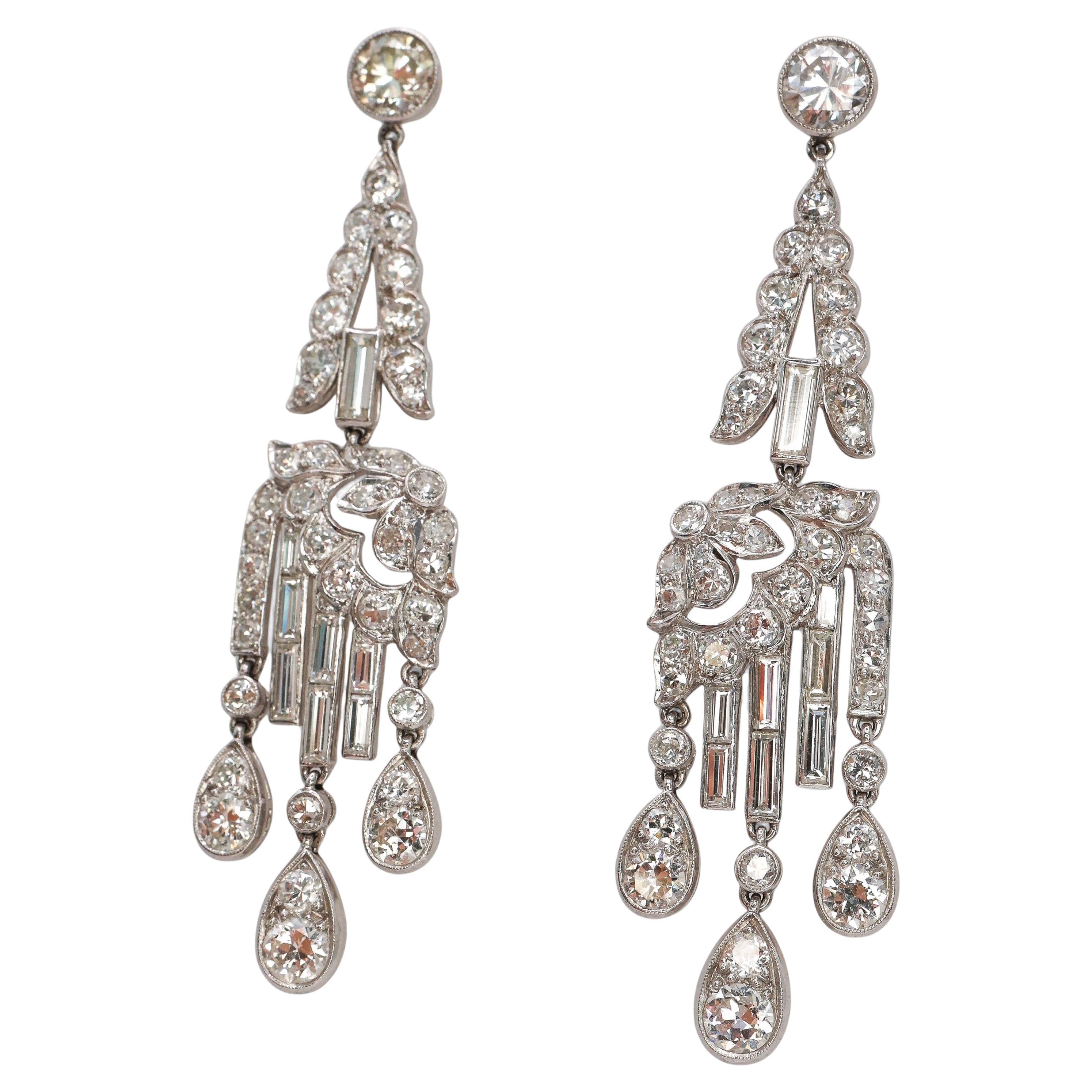 Art Deco Diamond and Platinum Drop Earrings, Circa 1920, 7.00 Carats For Sale