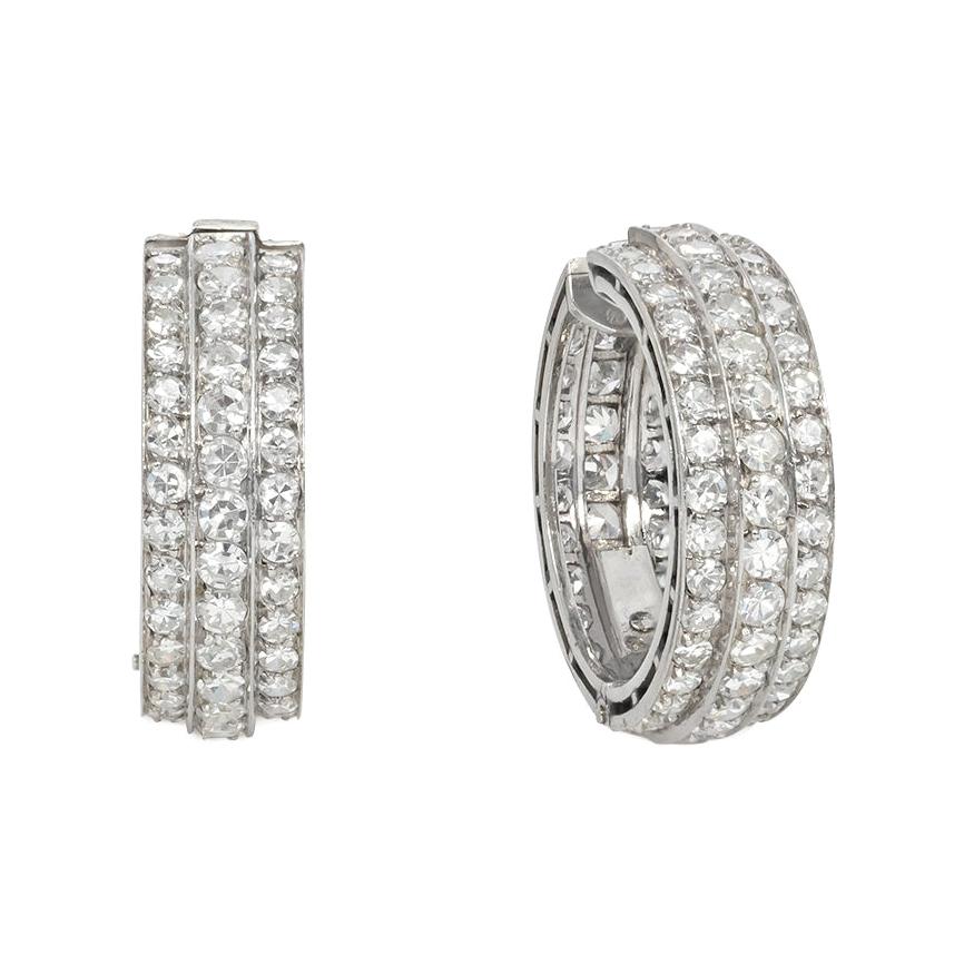 Platinum 900 Diamond 0.1 Carat Hoop Pair of Earrings For Sale at