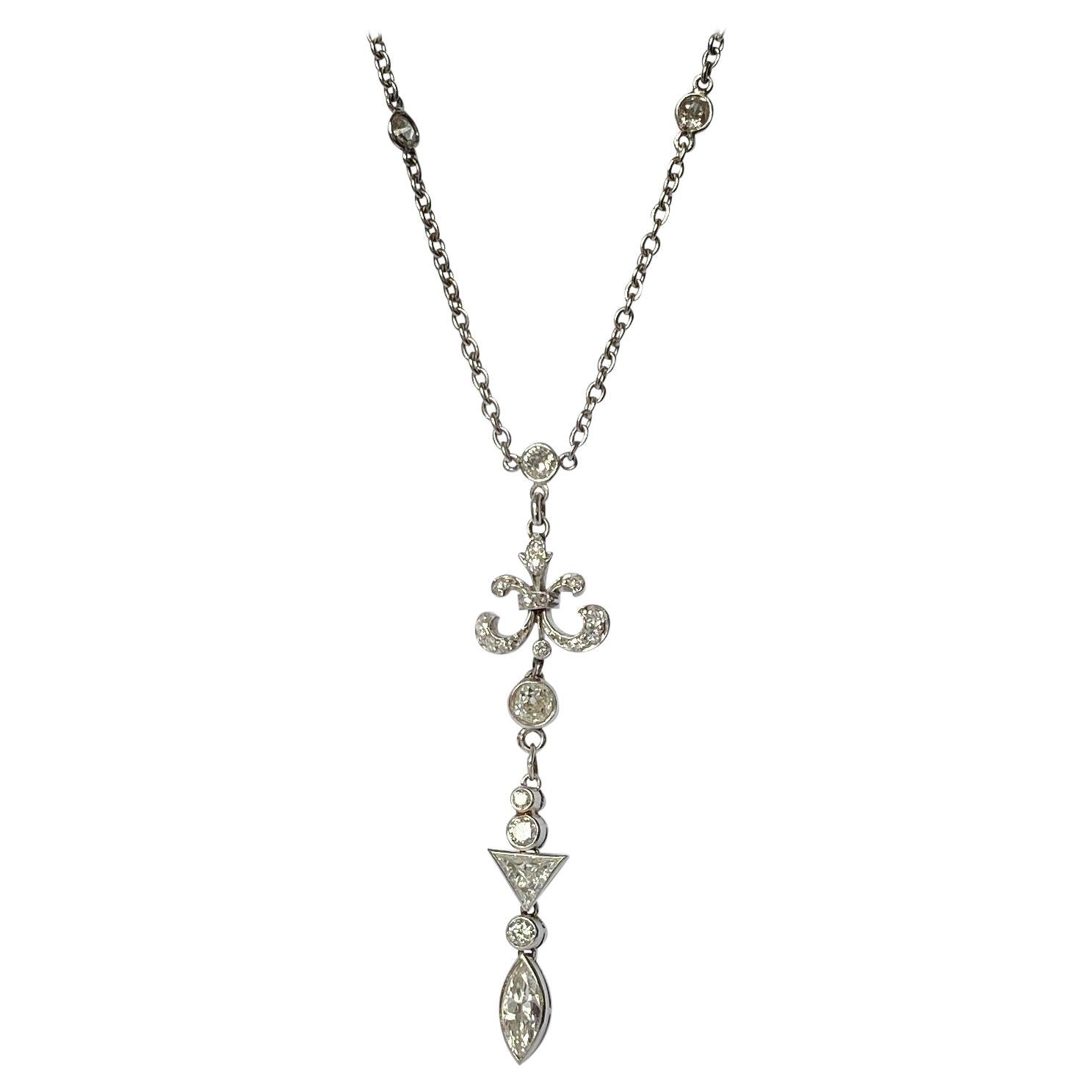 Art Deco Diamond and Platinum Pendant and Chain For Sale