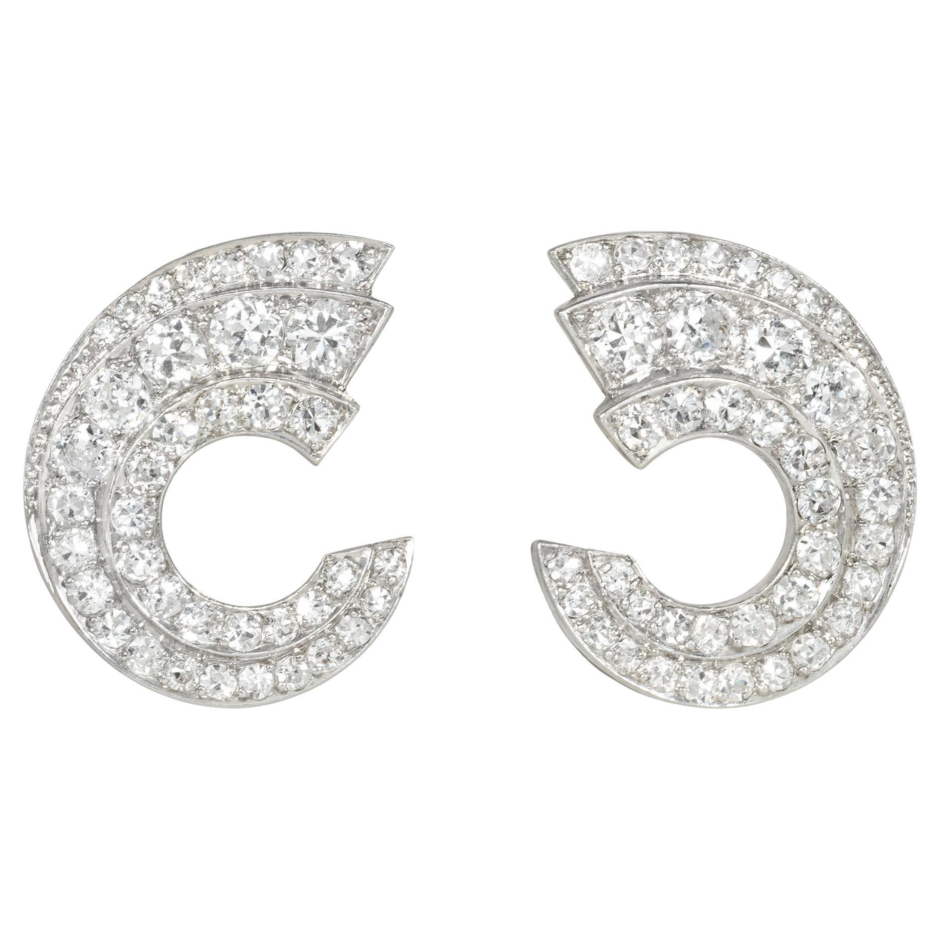 Art Deco Diamond and Platinum Scroll Design Clip Earrings