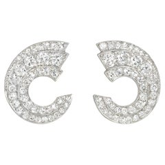 Art Deco Diamond and Platinum Scroll Design Clip Earrings