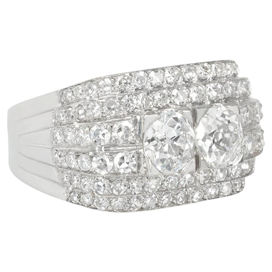 Art Deco Diamond and Platinum Step Design Ring Centered by Old Mine Cut Diamonds
