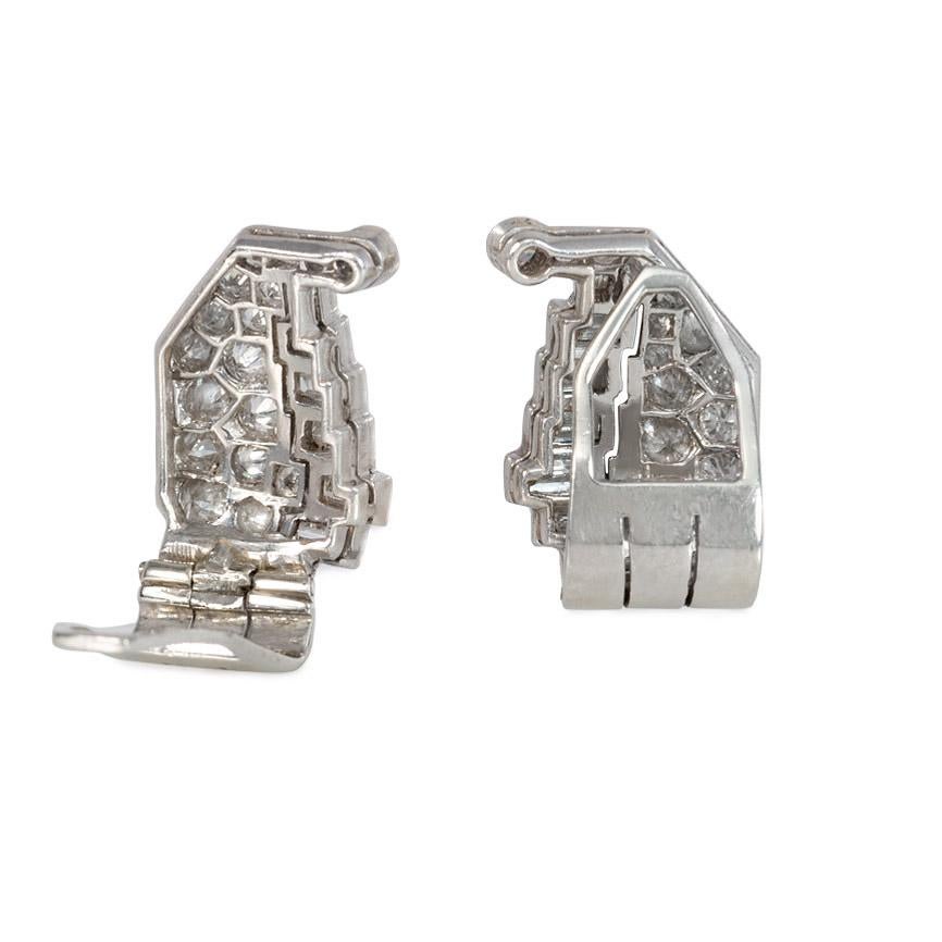 Baguette Cut Art Deco Diamond and Platinum Stylized Cornucopia Clip Earrings For Sale
