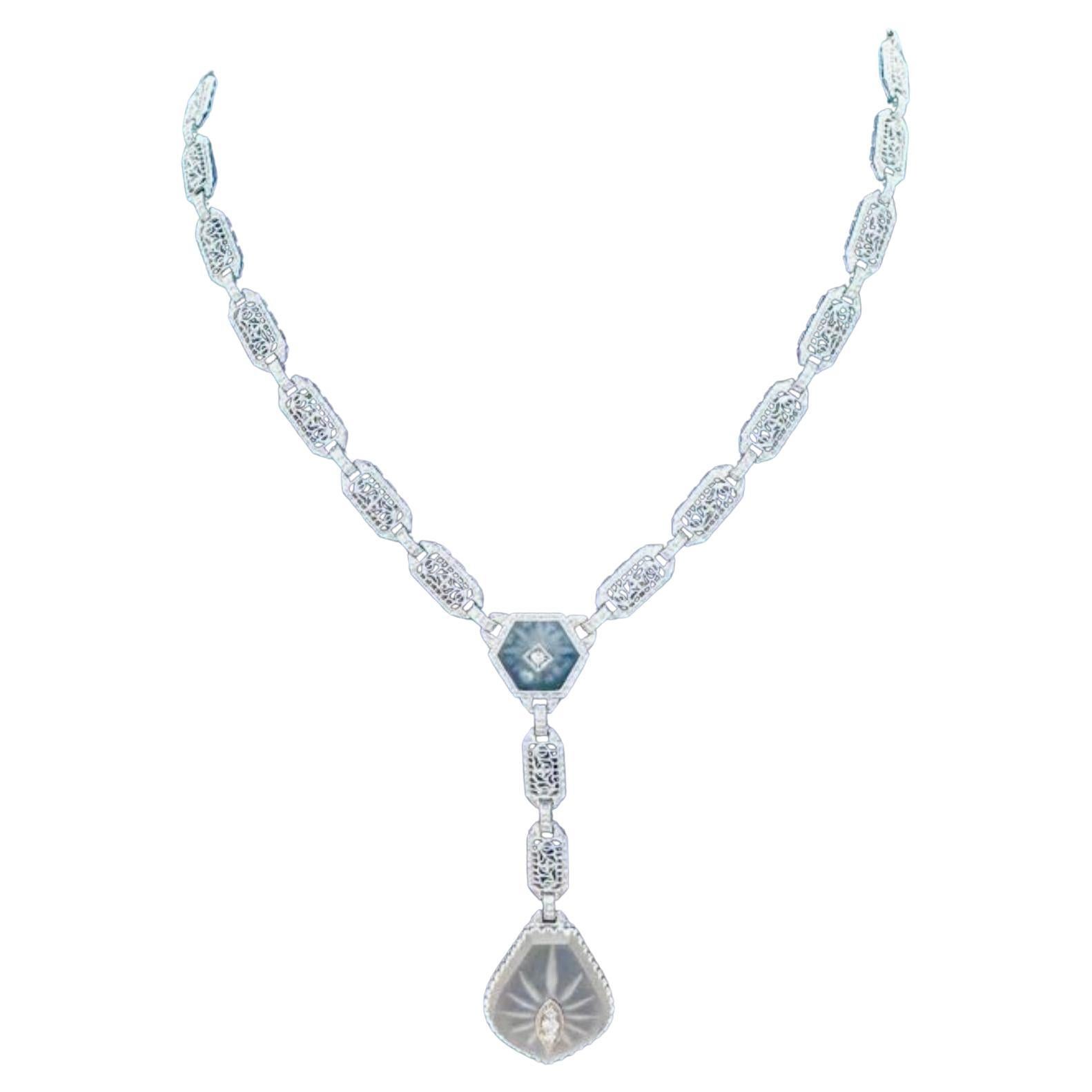 Art Deco Diamond and Rock Crystal Filigree 14Kt White/Platinum Necklace For Sale