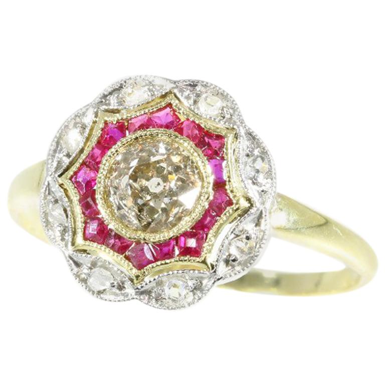 Art Deco Diamond and Ruby 18 Karat Yellow Gold Ring, 1920s For Sale