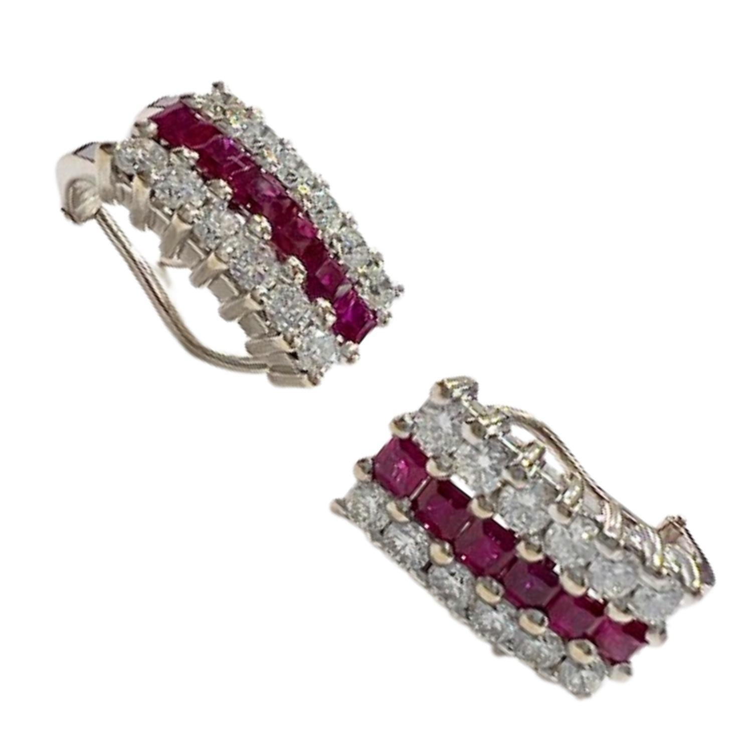 Brilliant Cut Art Deco Diamond and Ruby 18K Gold Earrings For Sale