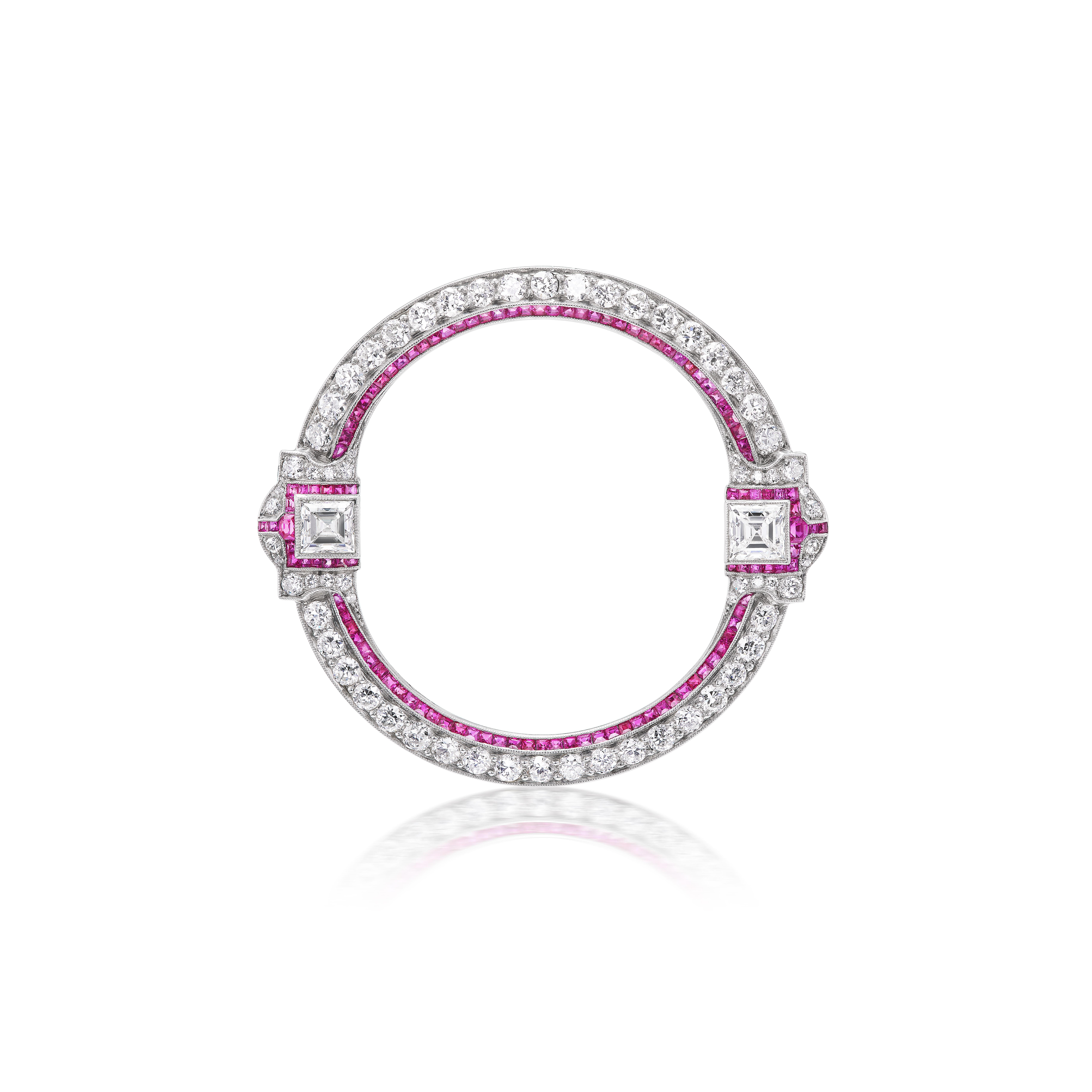 Princess Cut Art Deco Diamond and Ruby Circle Pin For Sale