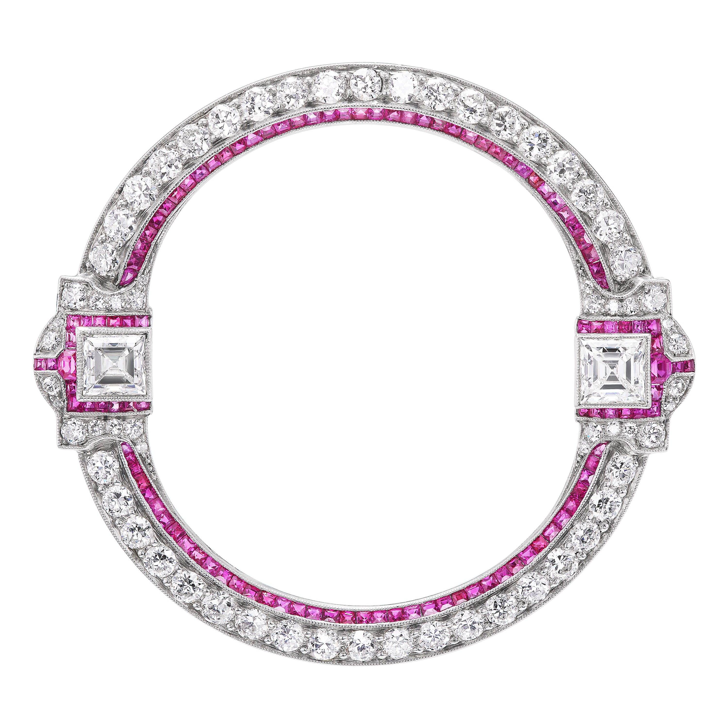 Art Deco Diamond and Ruby Circle Pin