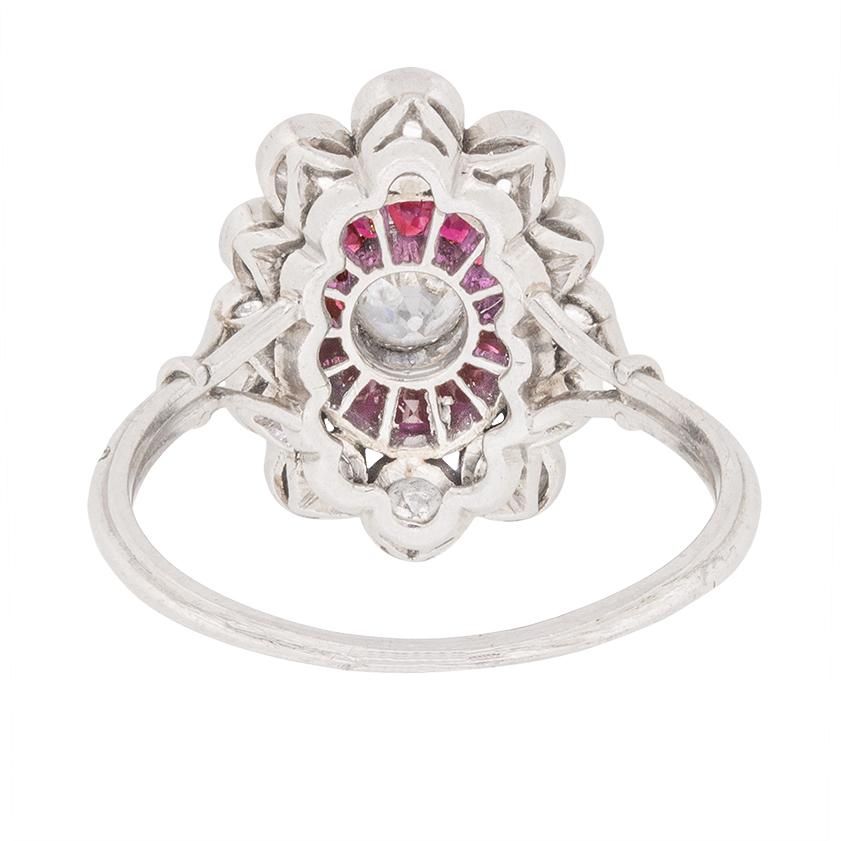Old Mine Cut Art Deco Diamond and Ruby Cluster Ring, circa 1920s For Sale