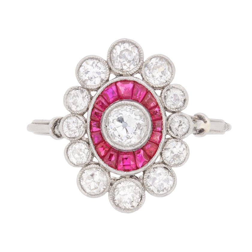 Art Deco Diamond and Ruby Cluster Ring, circa 1920s For Sale