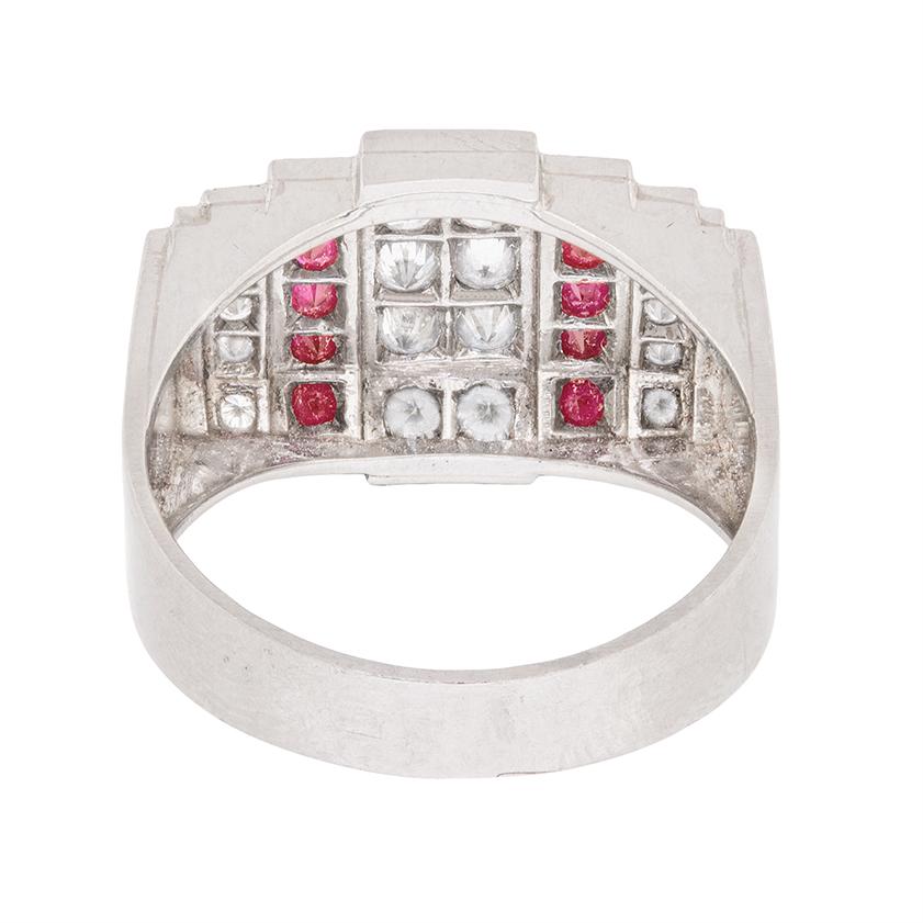 Women's or Men's Art Deco Diamond and Ruby Cluster Ring, circa 1940s