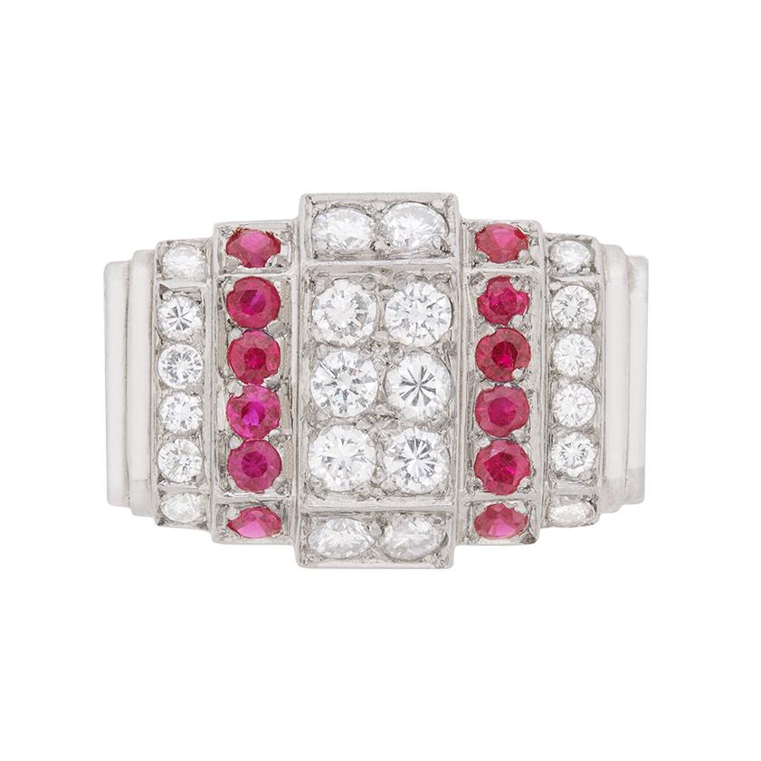 Art Deco Diamond and Ruby Cluster Ring, circa 1940s