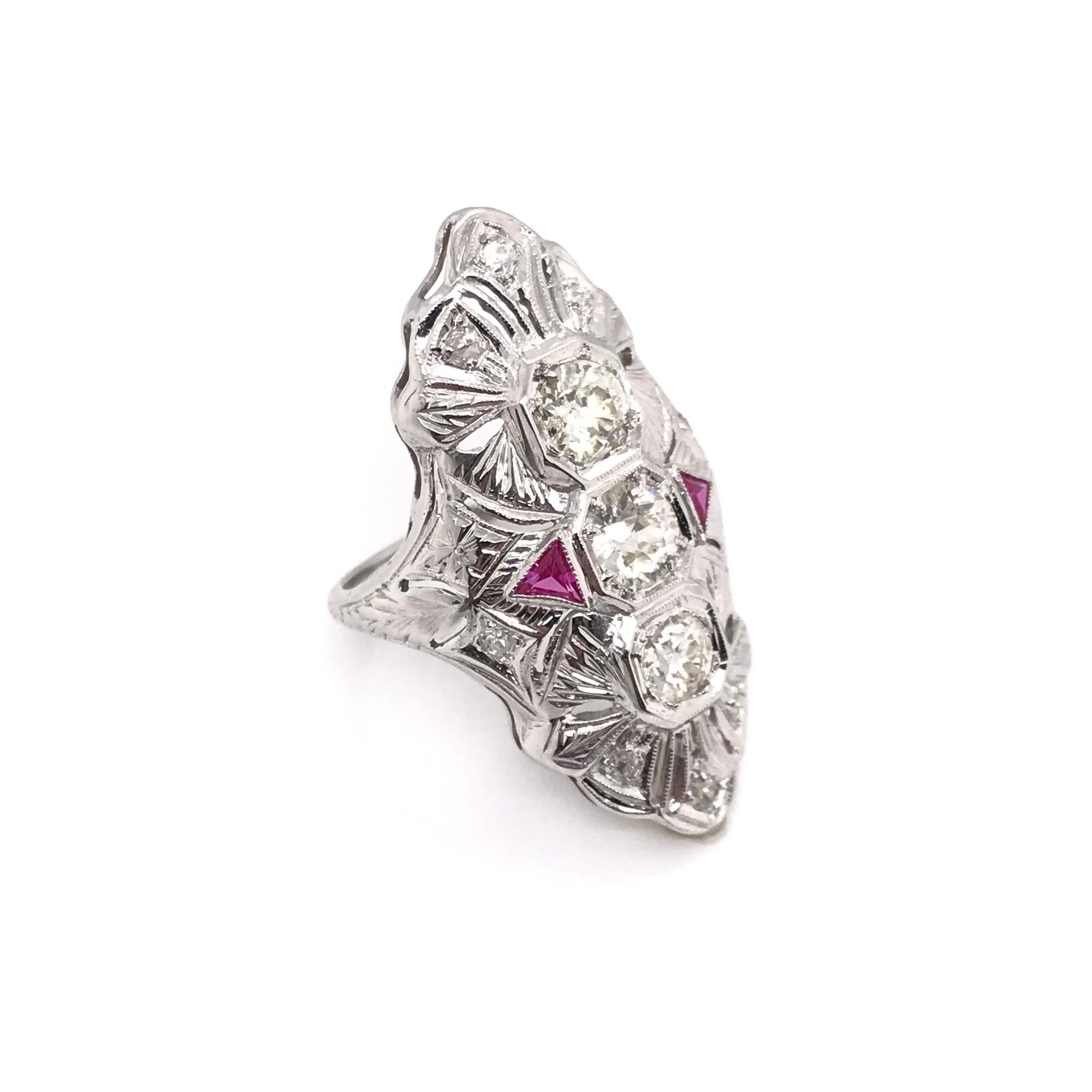 Old European Cut Art Deco Diamond and Ruby Dinner Ring For Sale