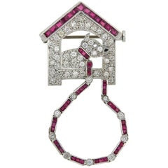 Antique Art Deco Diamond and Ruby Dog on Leash in House Pin