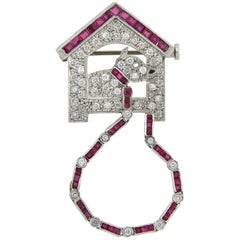 Art Deco Diamond and Ruby Dog on Leash in House Pin