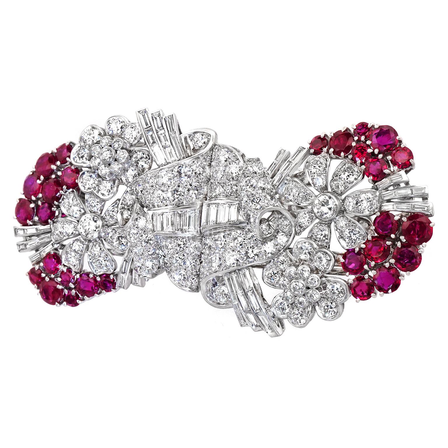 Art Deco Diamond and Ruby Double Clip Brooch In Excellent Condition For Sale In Litchfield, CT