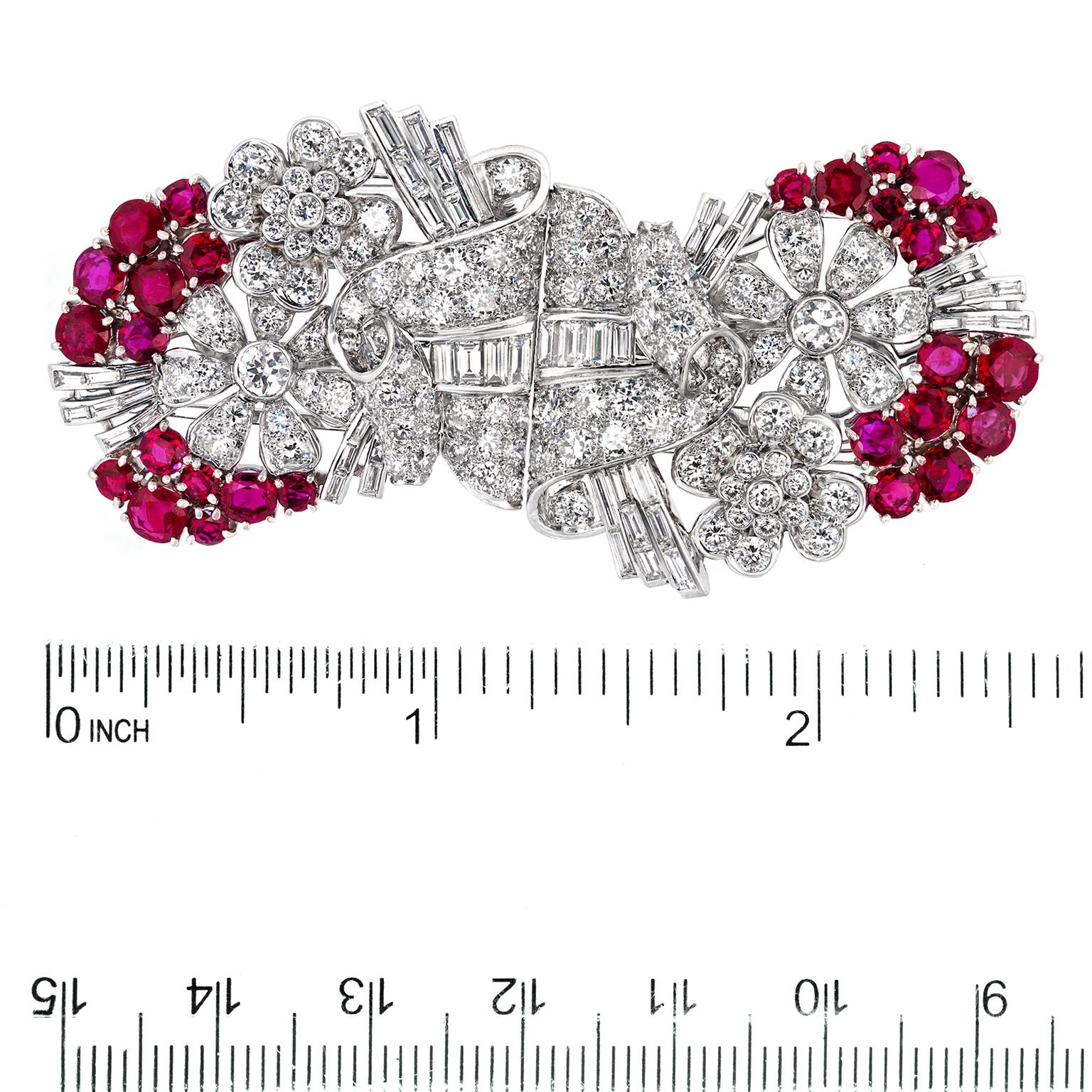 Art Deco Diamond and Ruby Double Clip Brooch For Sale 2