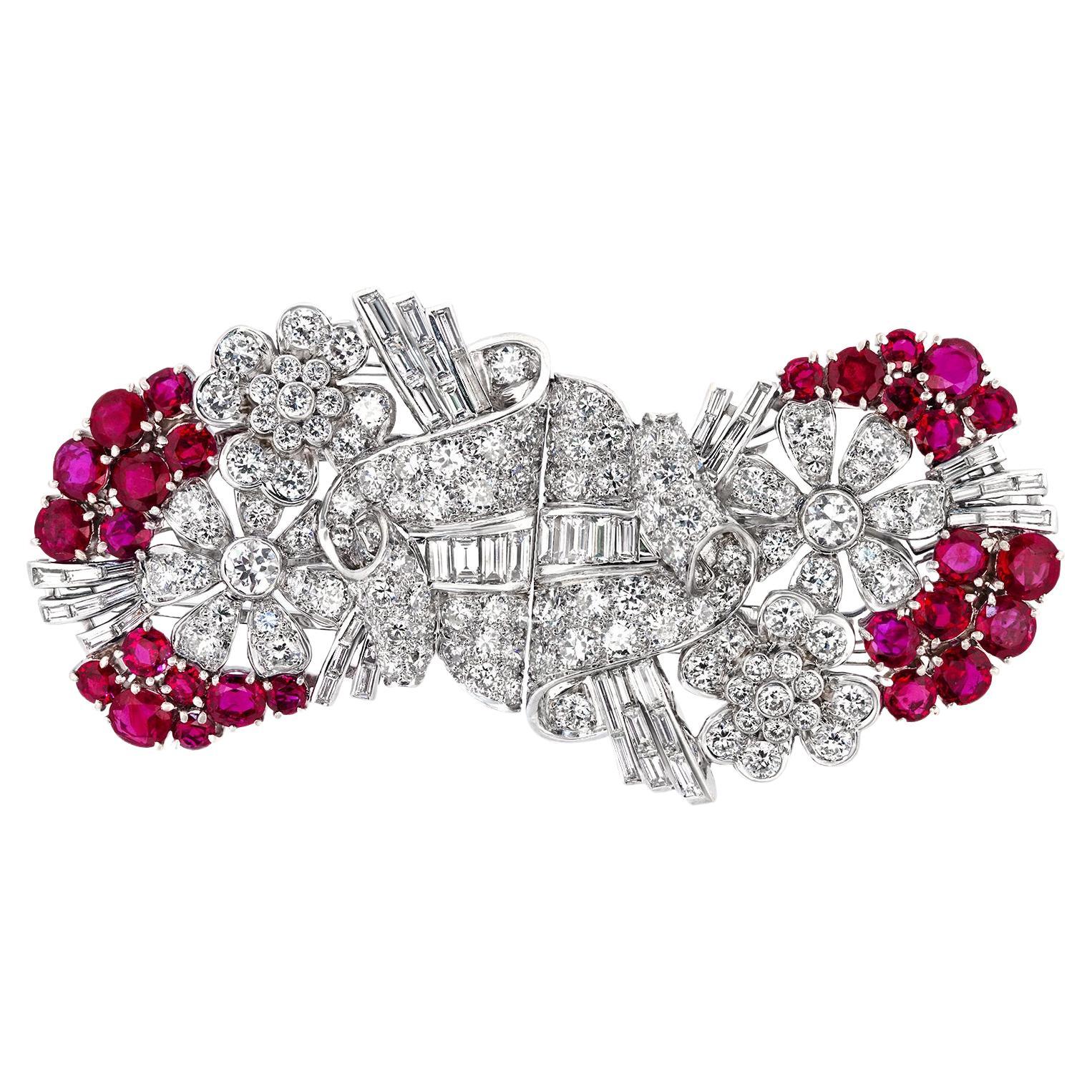 Art Deco Diamond and Ruby Double Clip Brooch For Sale