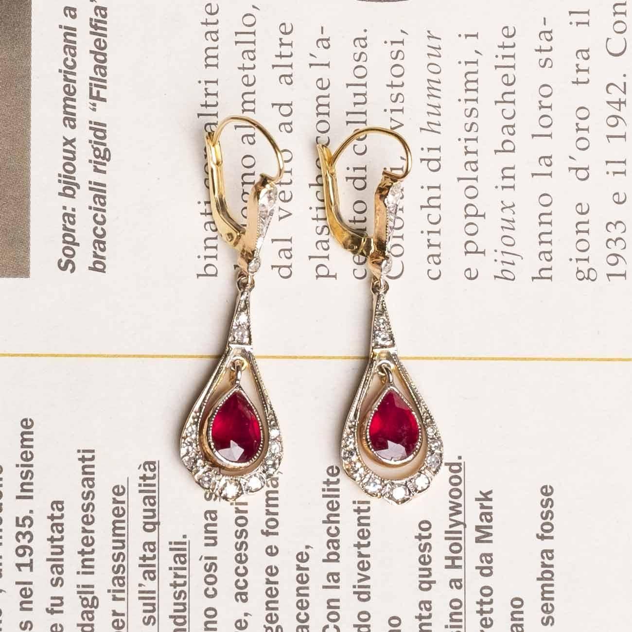 Boucles d'oreilles Art déco en diamant et rubis Bon état - En vente à Milano, MI