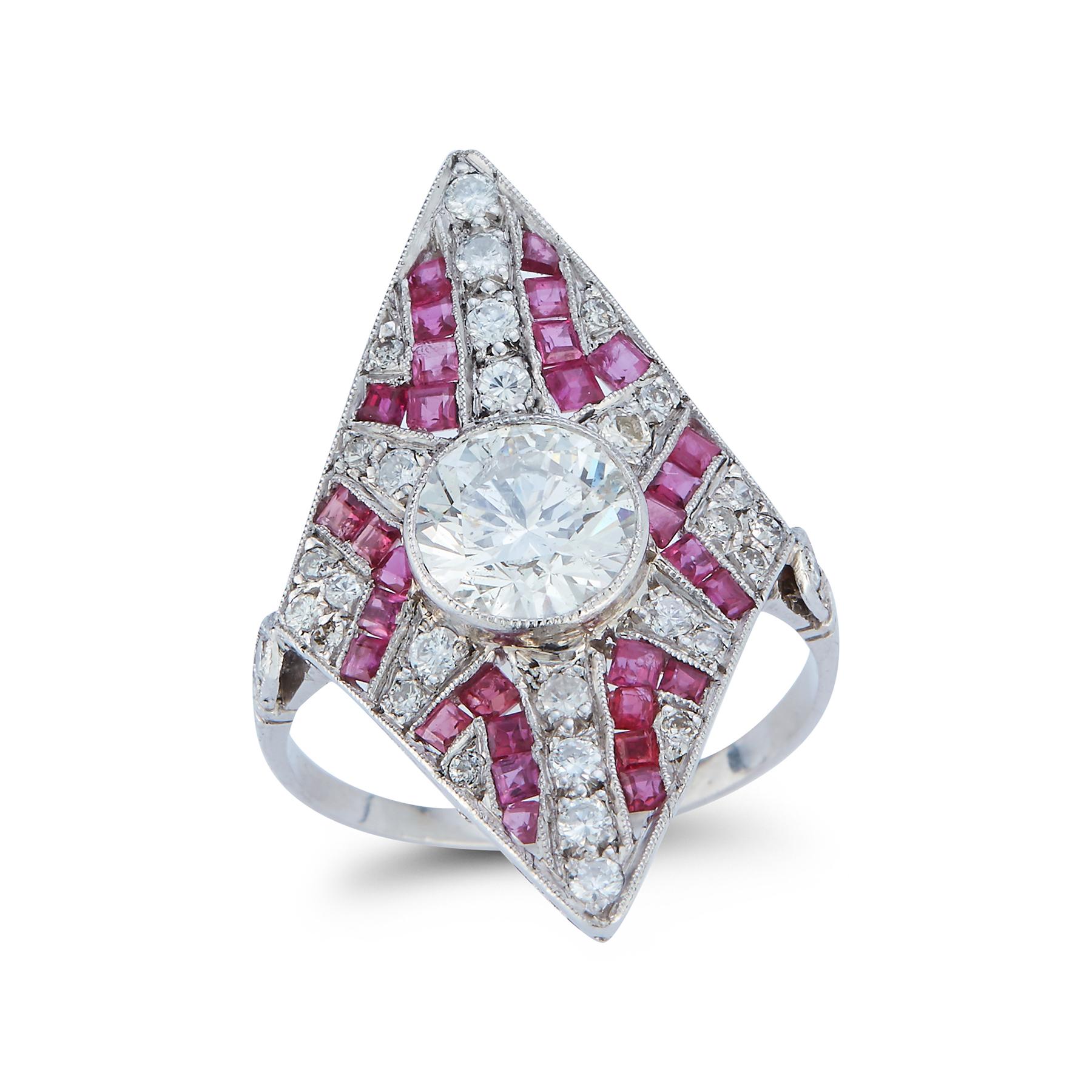 Art Deco Diamond and Ruby Navette Ring
Center round diamond weight: approximately 1.42 cts 
side diamond weight: approximately .40 cts 
ruby weight: approximately 1.00 cts 

Ring Size: 6.75
Re sizable free of charge 
Gold Type: Platinum