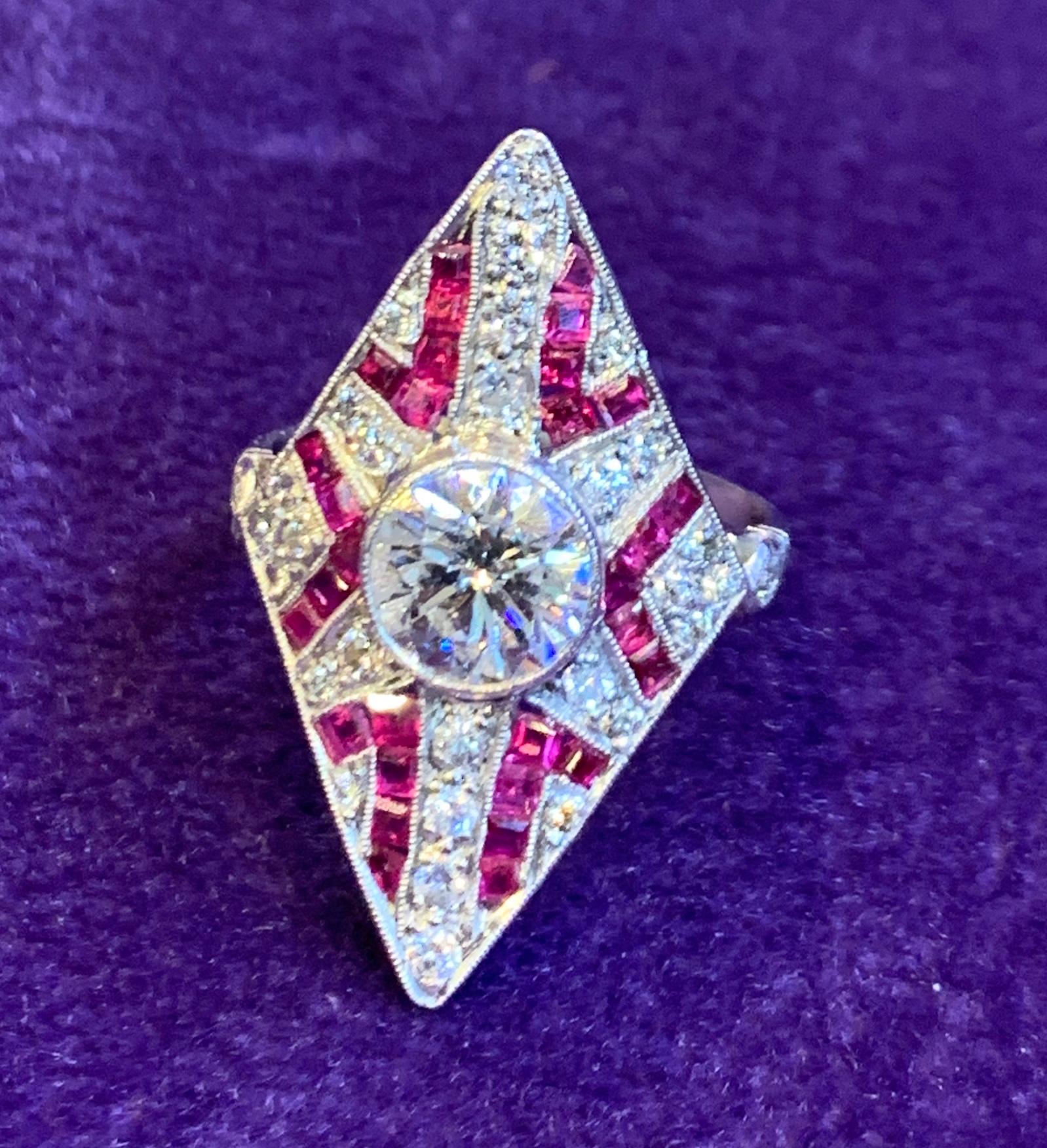 Women's Art Deco Diamond and Ruby Navette Ring For Sale