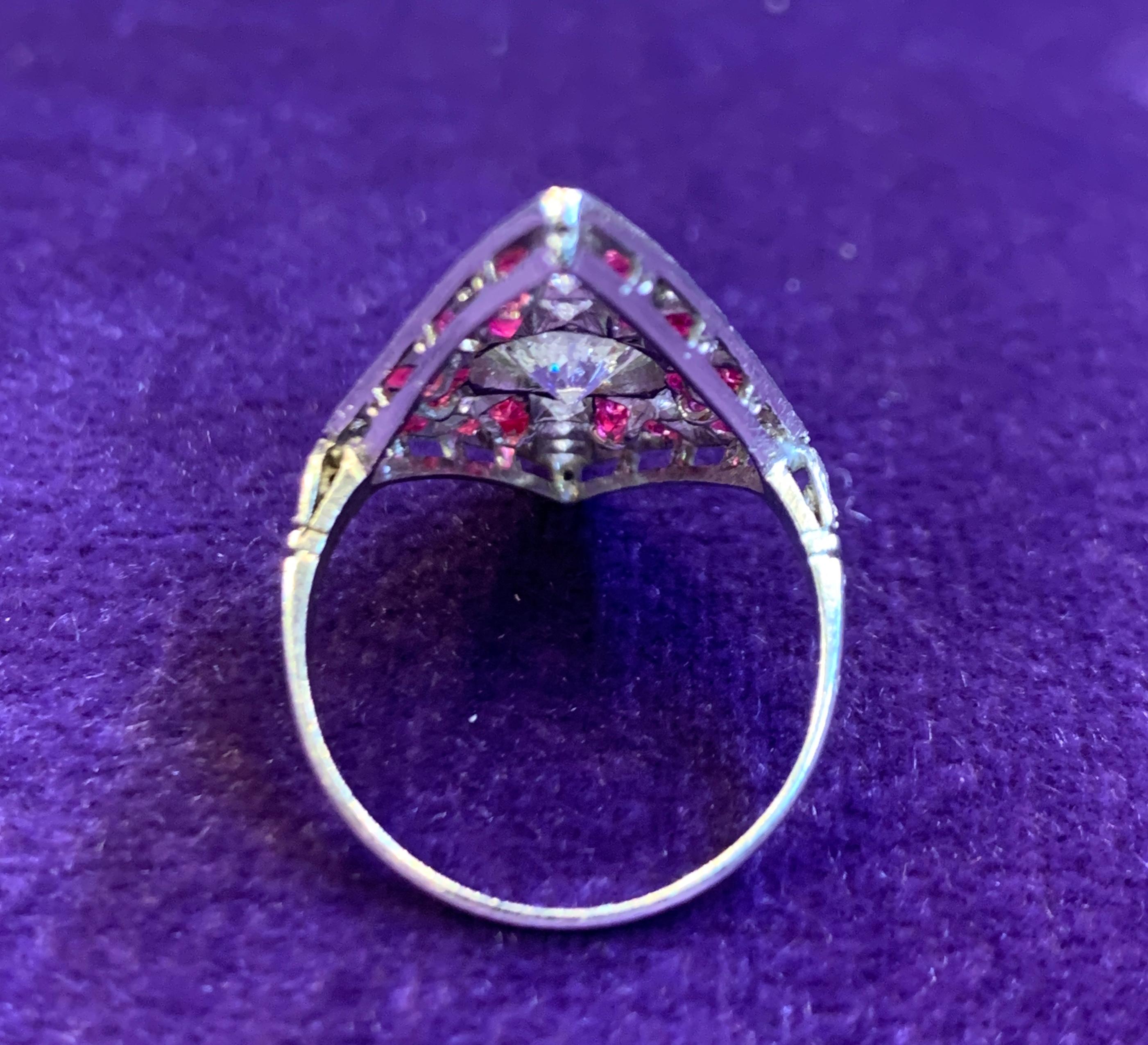 Art Deco Diamond and Ruby Navette Ring For Sale 1