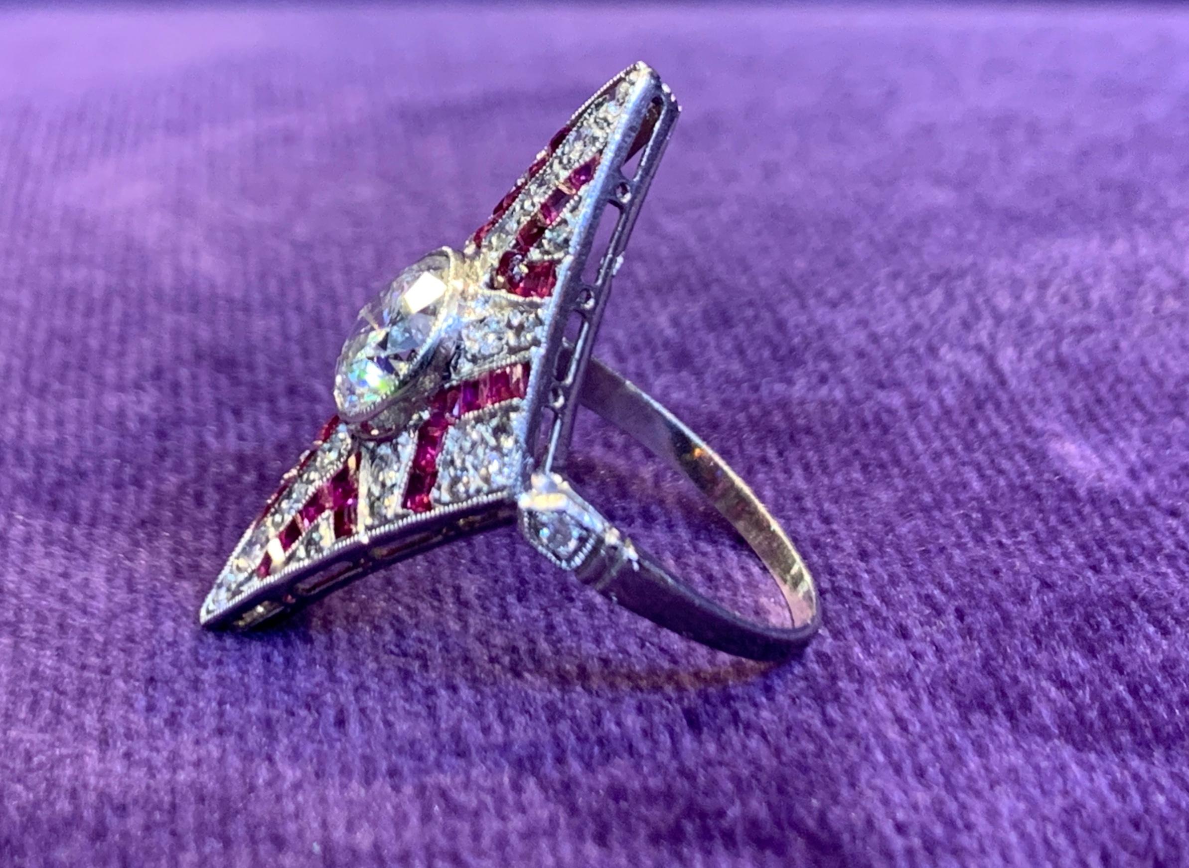 Art Deco Diamond and Ruby Navette Ring For Sale 2