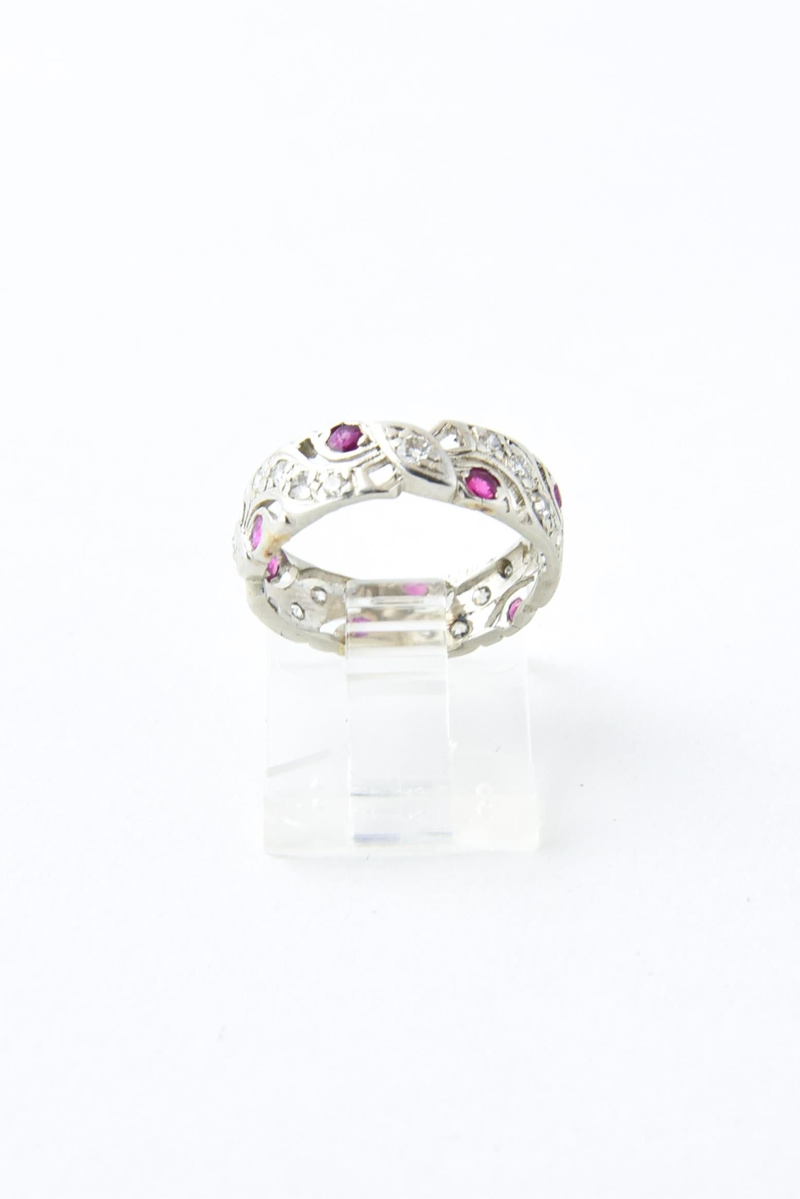 Round Cut Art Deco Diamond and Ruby Platinum Eternity Band Ring For Sale