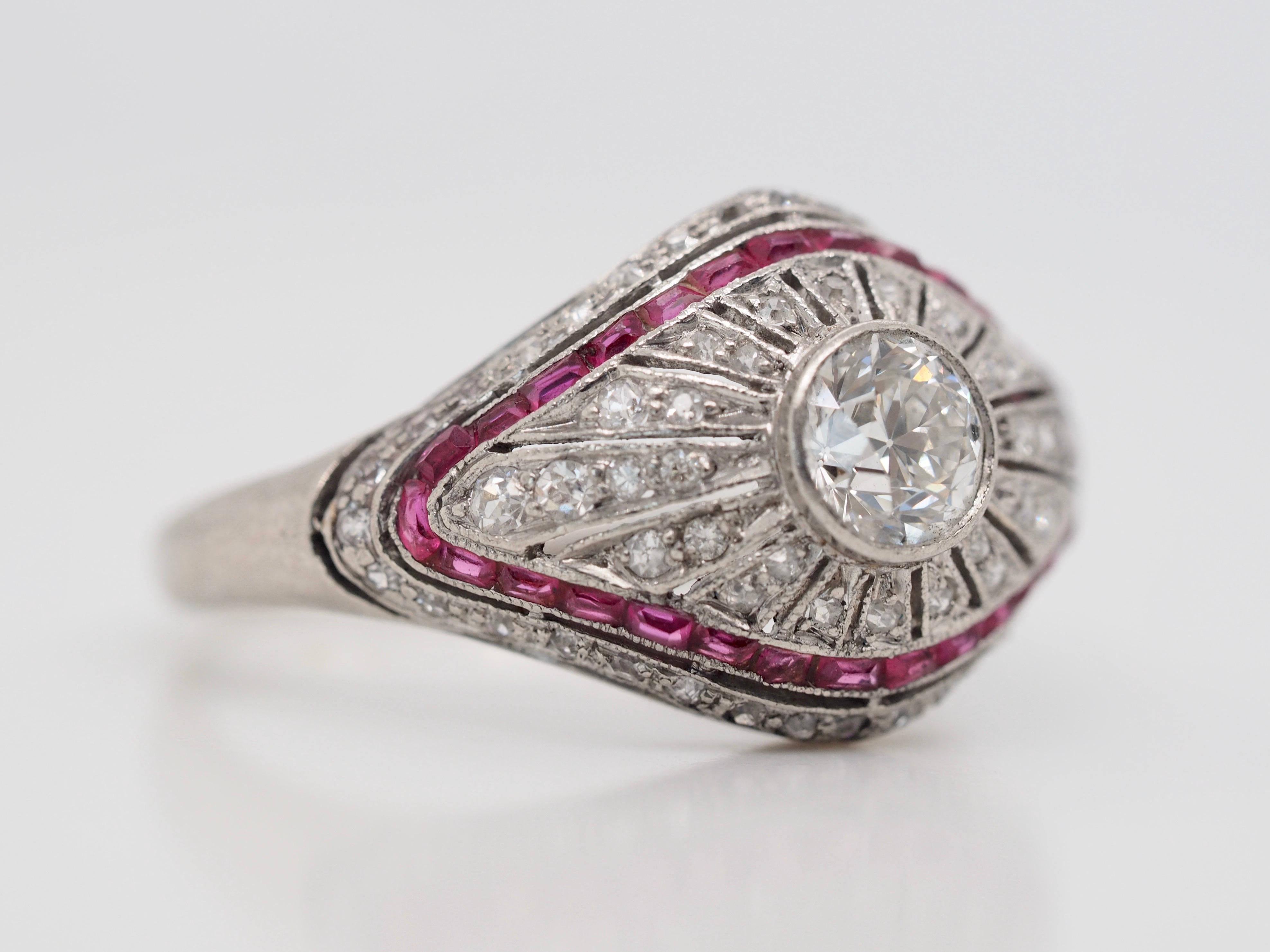 Round Cut Art Deco Diamond and Ruby Platinum Ring, circa 1920s