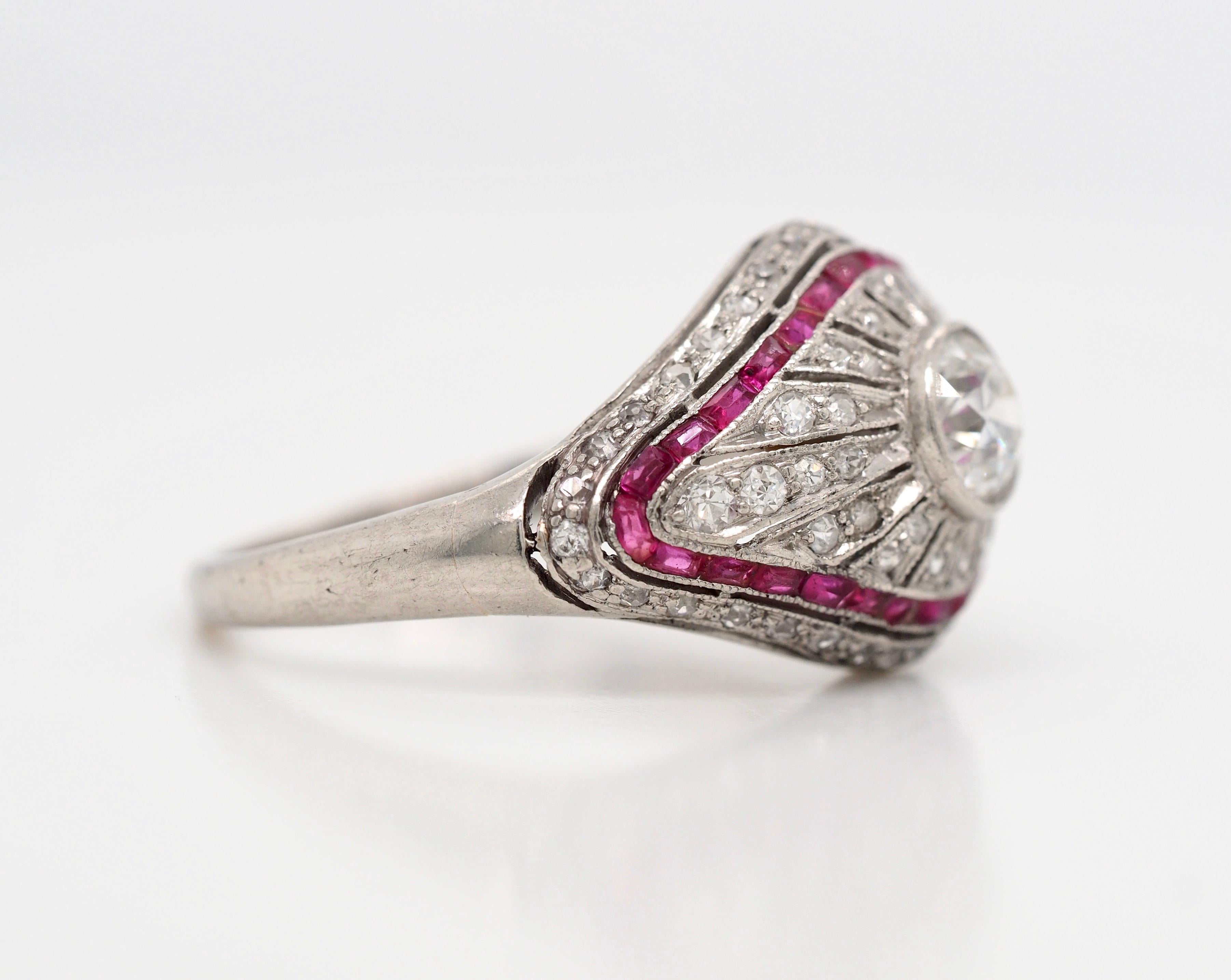 Art Deco Diamond and Ruby Platinum Ring, circa 1920s In Good Condition In Addison, TX