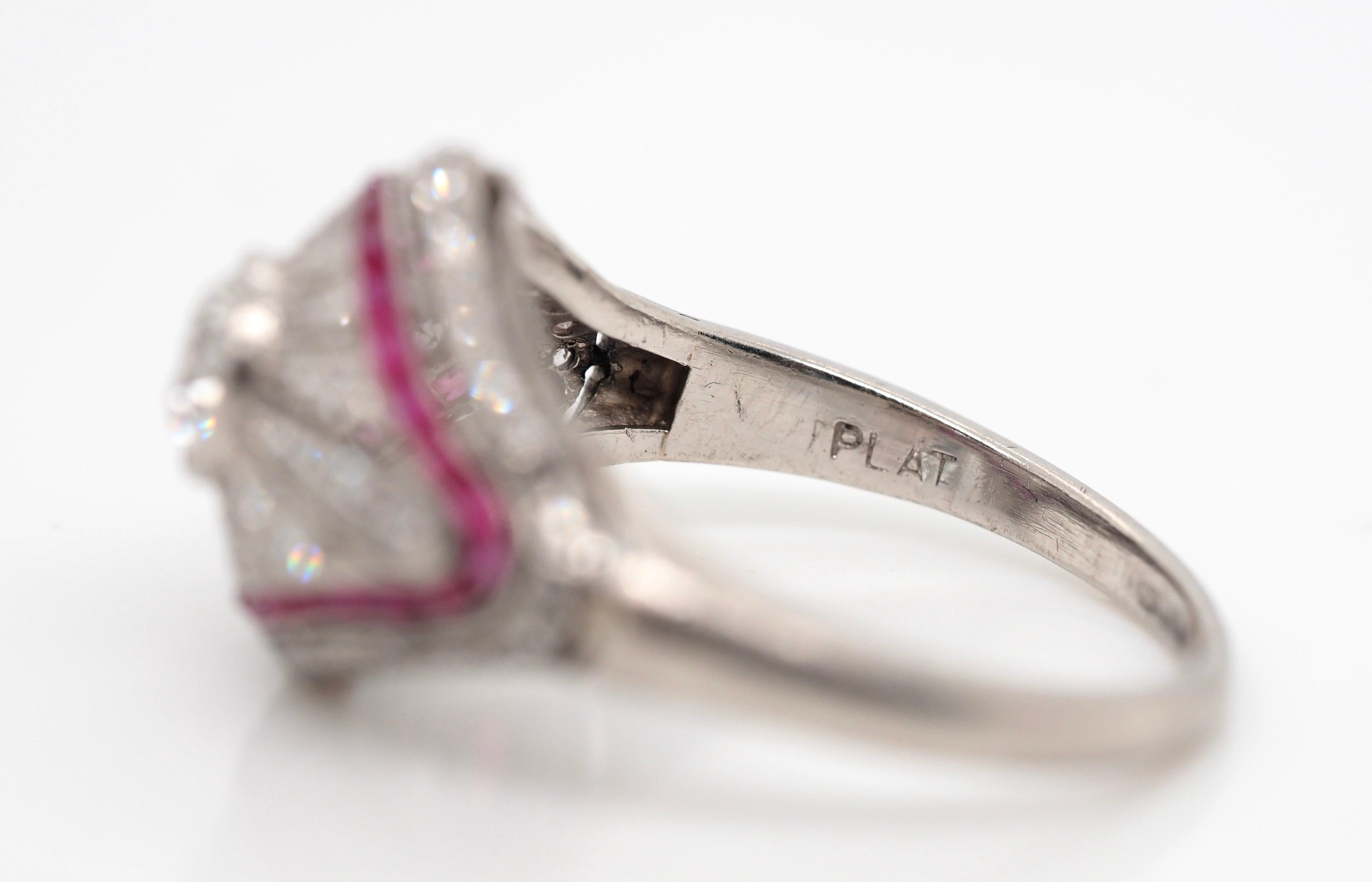 Women's or Men's Art Deco Diamond and Ruby Platinum Ring, circa 1920s
