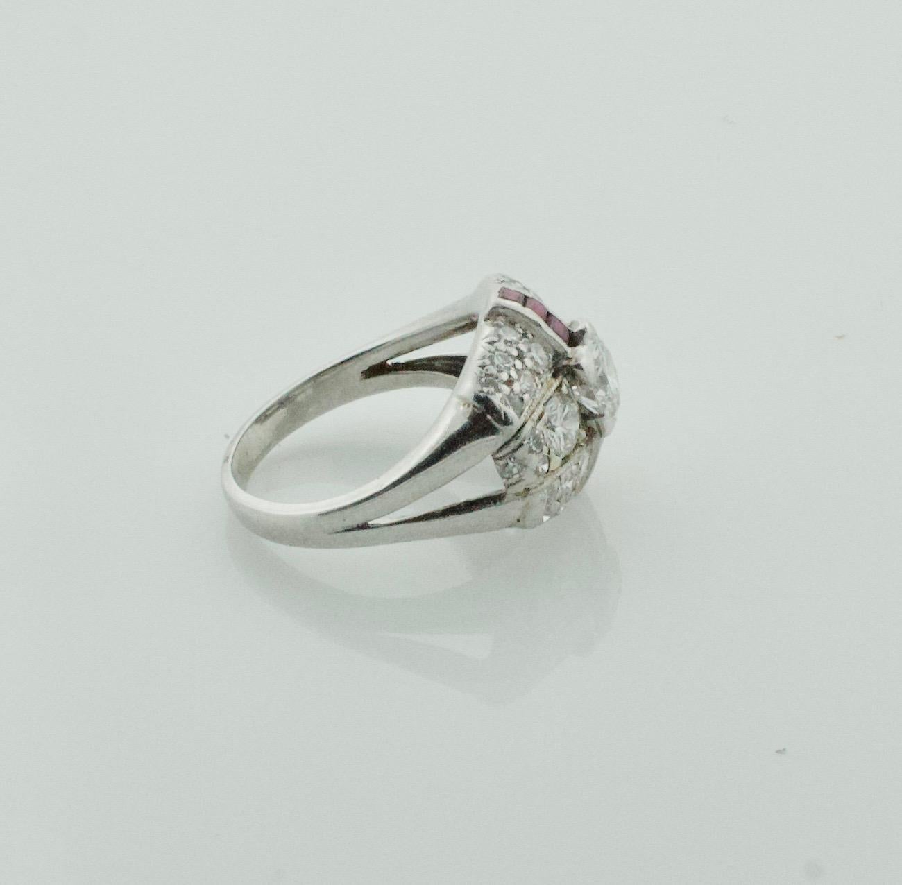 Round Cut Art Deco Diamond and Ruby Ring in Platinum For Sale
