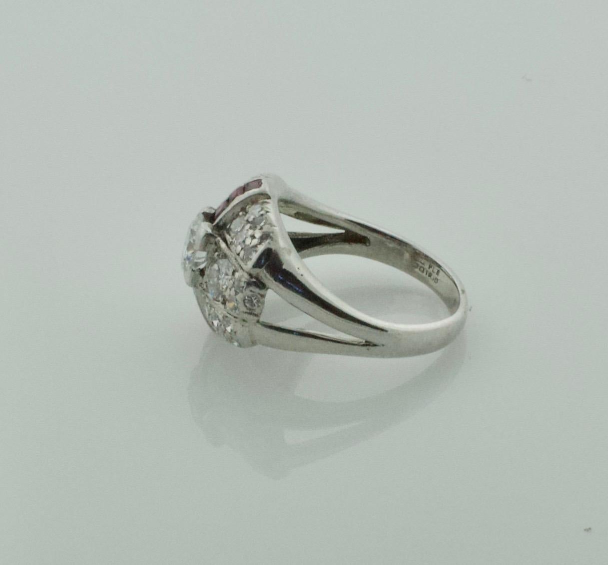 Women's or Men's Art Deco Diamond and Ruby Ring in Platinum For Sale