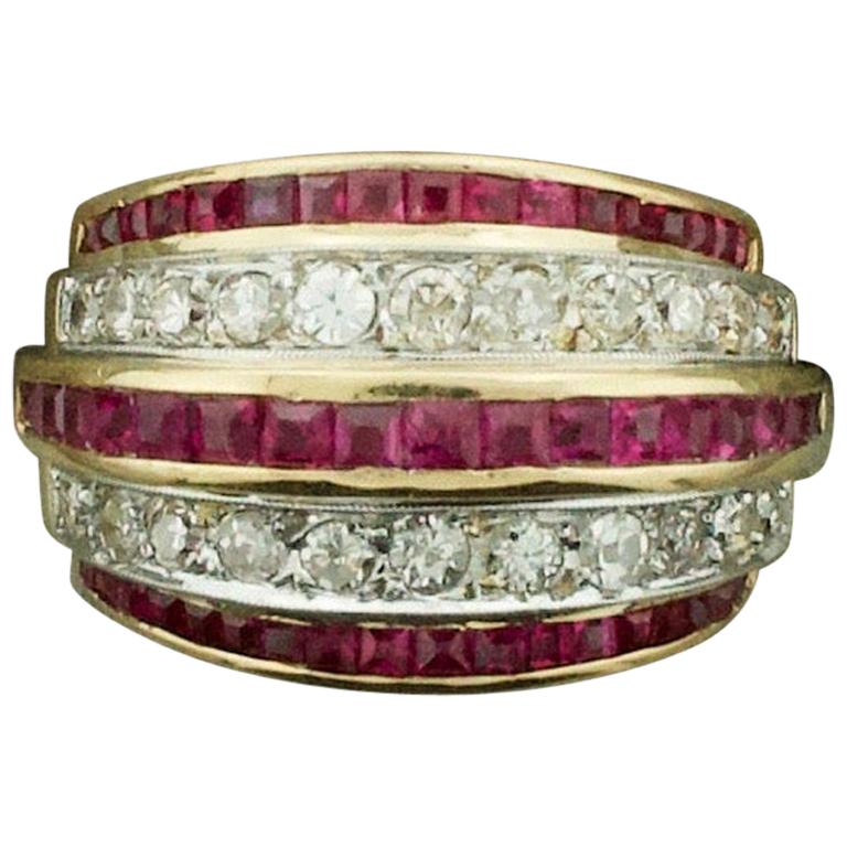 Bague/anneau de mariage Art déco en or rose et platine avec diamants et rubis
