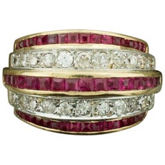 Anillo/Banda de Boda Art Decó con Diamantes y Rubíes en Oro Rosa y Platino