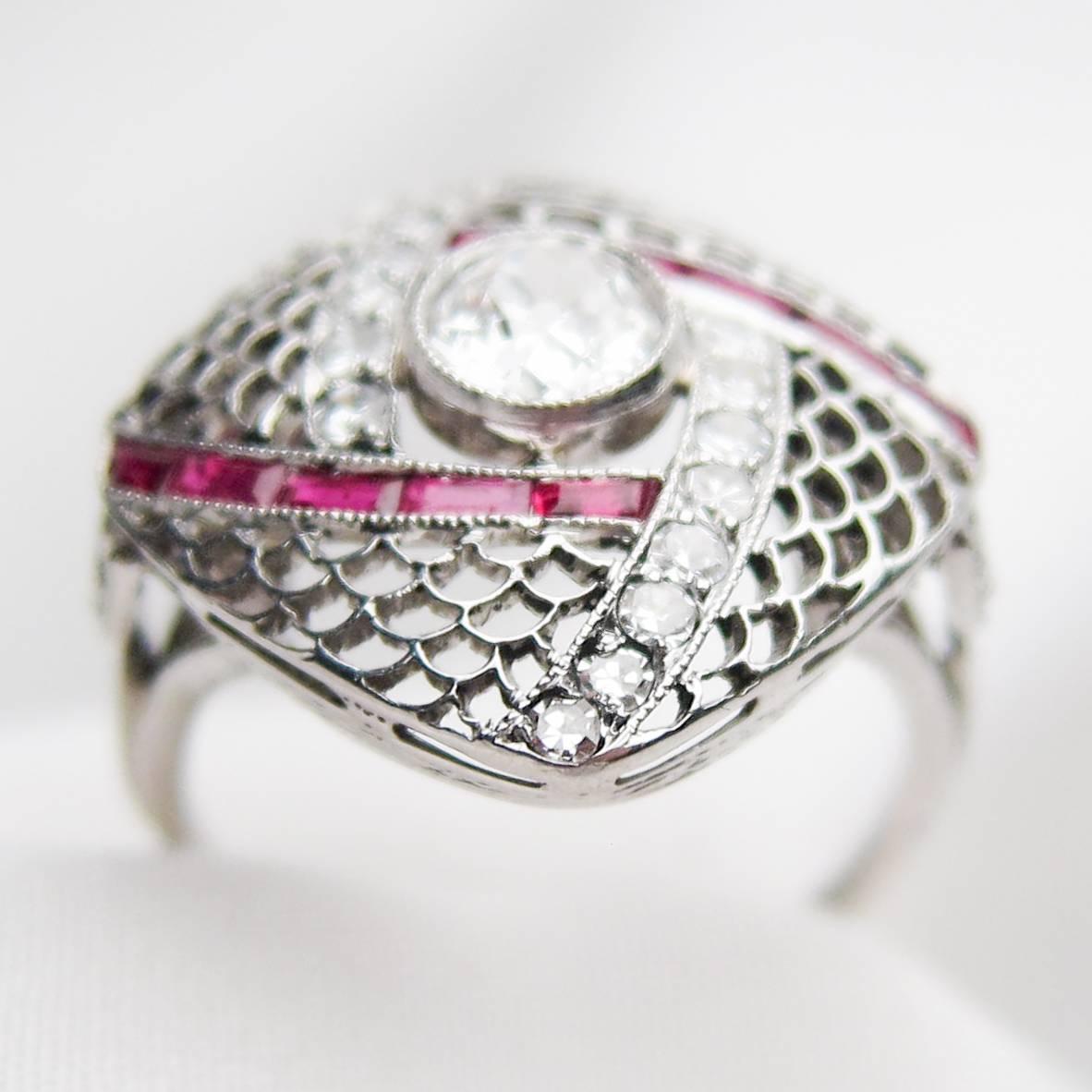 Old European Cut Art Deco Diamond and Ruby Square Filigree Platinum Cocktail Ring For Sale